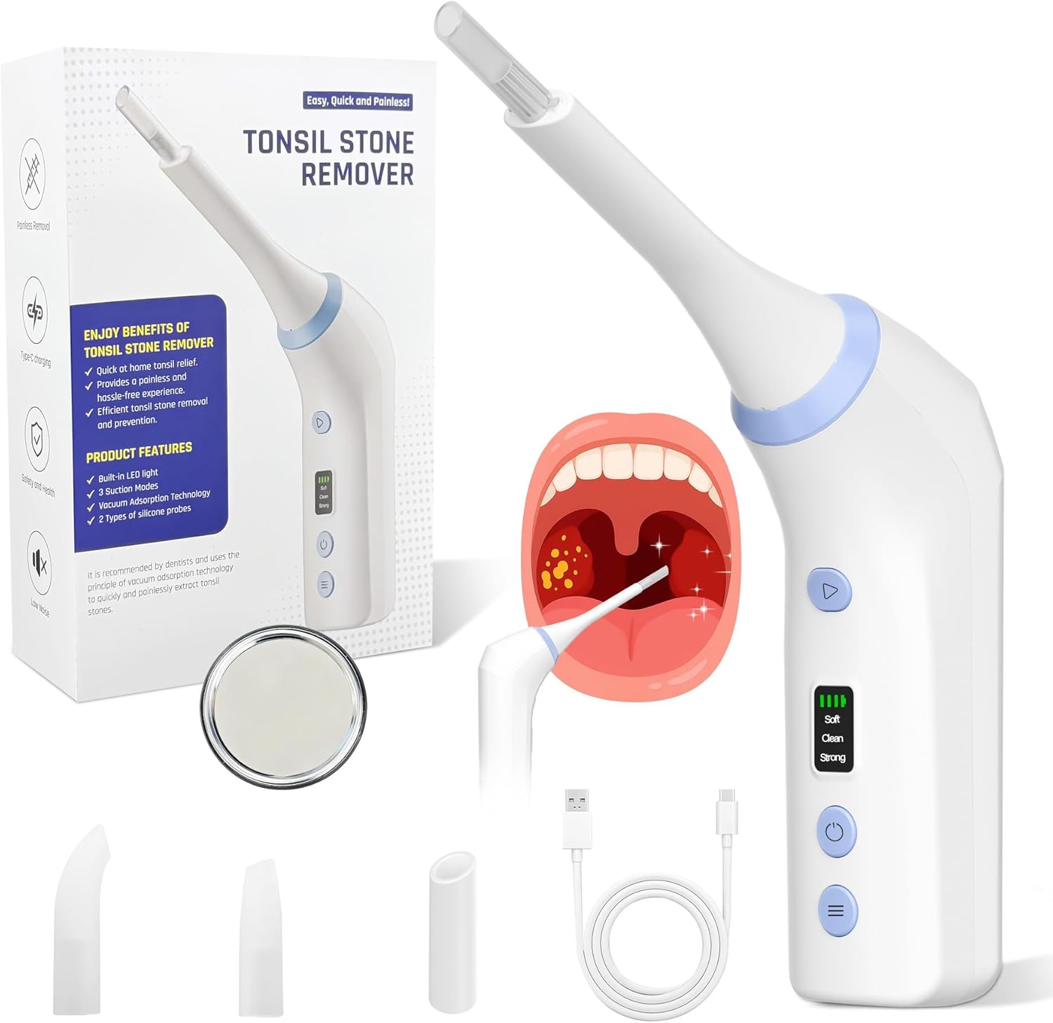 Upgraded Electric Tonsil Stone Remover – Gentle Precise and Safe Removal with 3-Type Adjustable Suction & LED Light – Food-Grade Material,Rechargeable & Waterproof