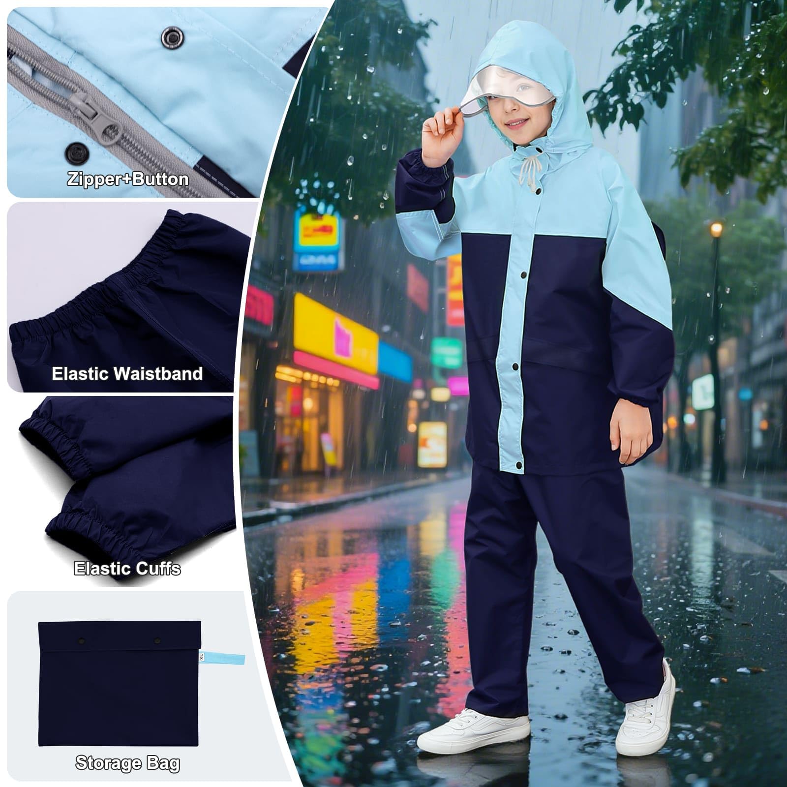 JinBei Enfants Imperméable Garçon Fille Combinaison de Pluie Léger Ensemble Pluie à Réfléchissant Pantalon et Veste Zip Boutons à Capuche Pliante Costume 2 Pièces pour Écoles Camping, 8-14 Ans