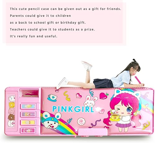 Miniatura 5 de Paquete de 2 estuche multifunción desplegable para niñas, bonita caja de bolígrafos de dibujos animados con cerraduras, sacapuntas, horario, pizarra