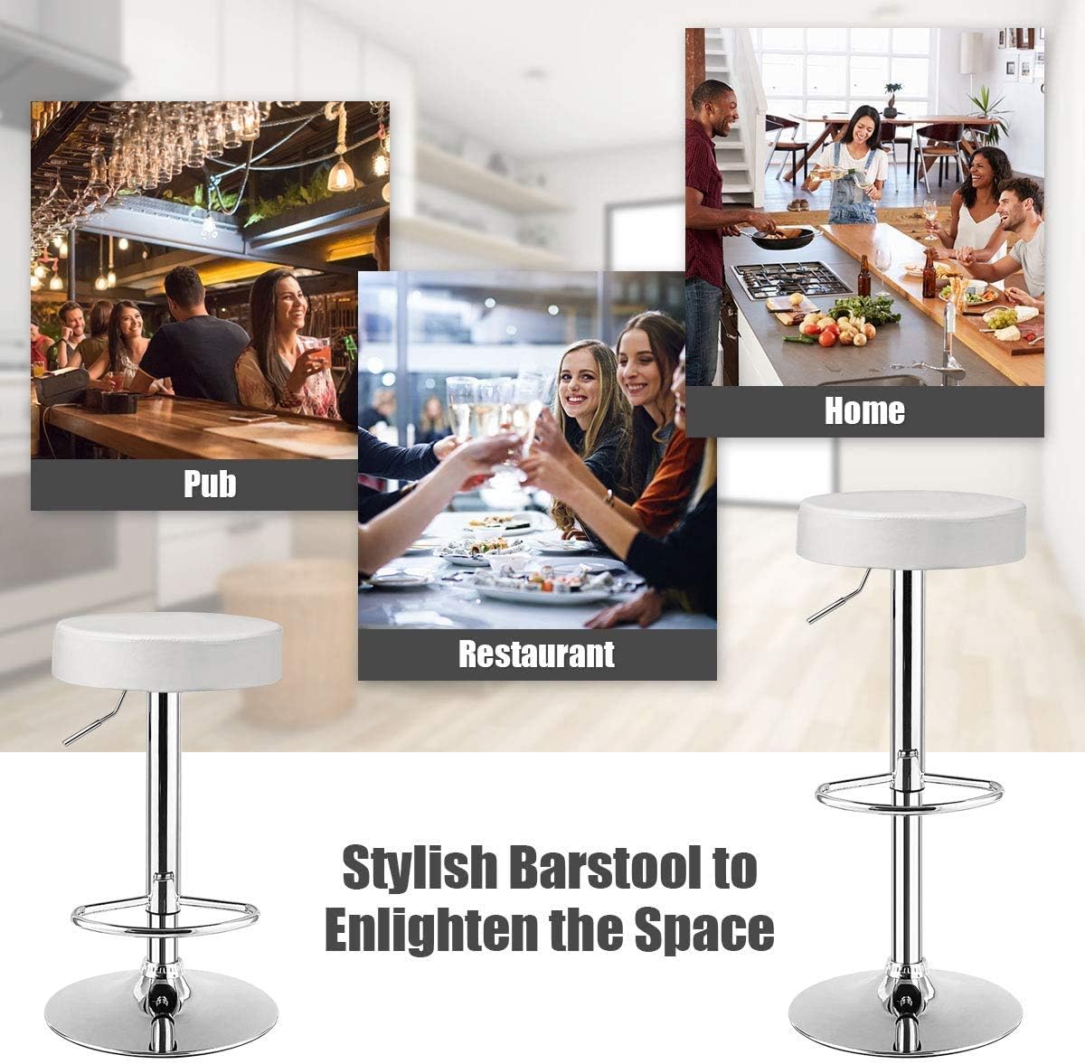 ReunionG Swivel Bar Stools Set of 2, Adjustable Counter Height Bar Stools w/Chrome Footrest & Base, Modern PU Leather Island Stools for Kitchen Counter, Backless Bar Chairs for Pub, Bistro (White)