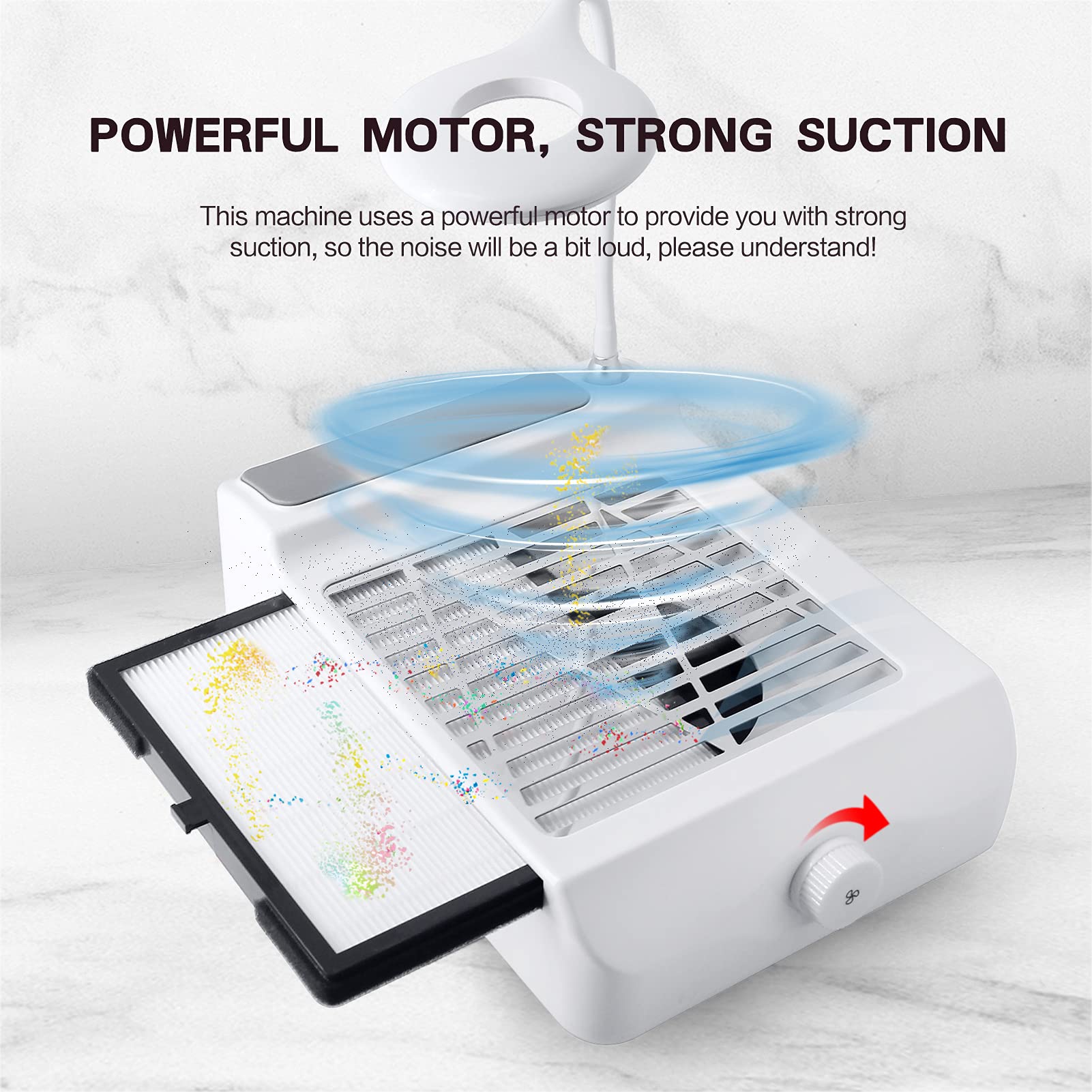 Aspirador Uñas de Escritorio para Pedicura y Manicura,con Lima de Uñas,Velocidad Ajustable,con Luz LED,sin Bolsa Antipolvo
