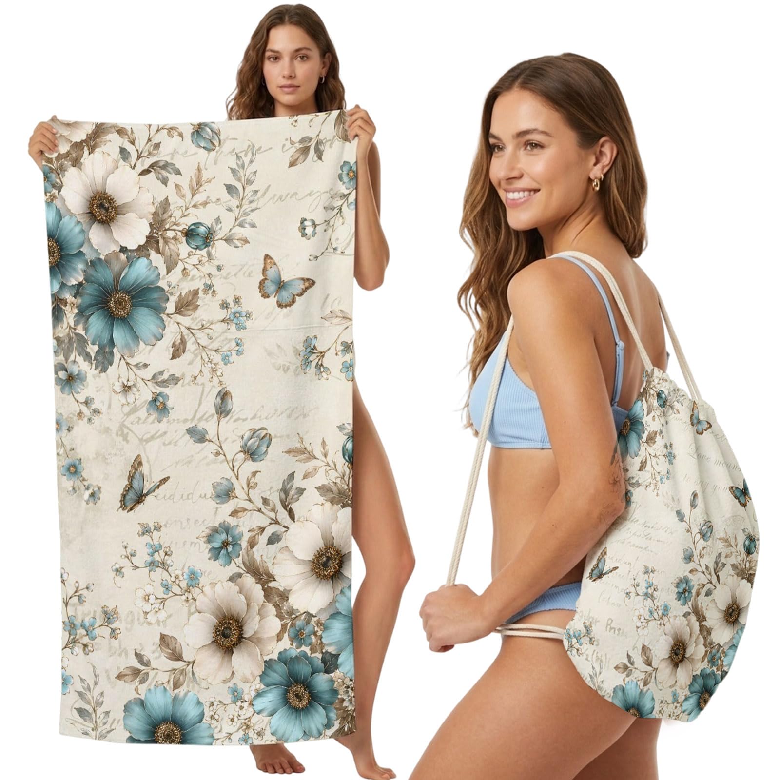 Beach Towel Bag 2 in 1 Teal Blue White Blossoms Bath Pool Towels Backpack Butterfly Vintage Floral Absorbent Beach Towel Soft Quick Dry Lightweight Packable Towels Drawstring Bag for Travel Sports