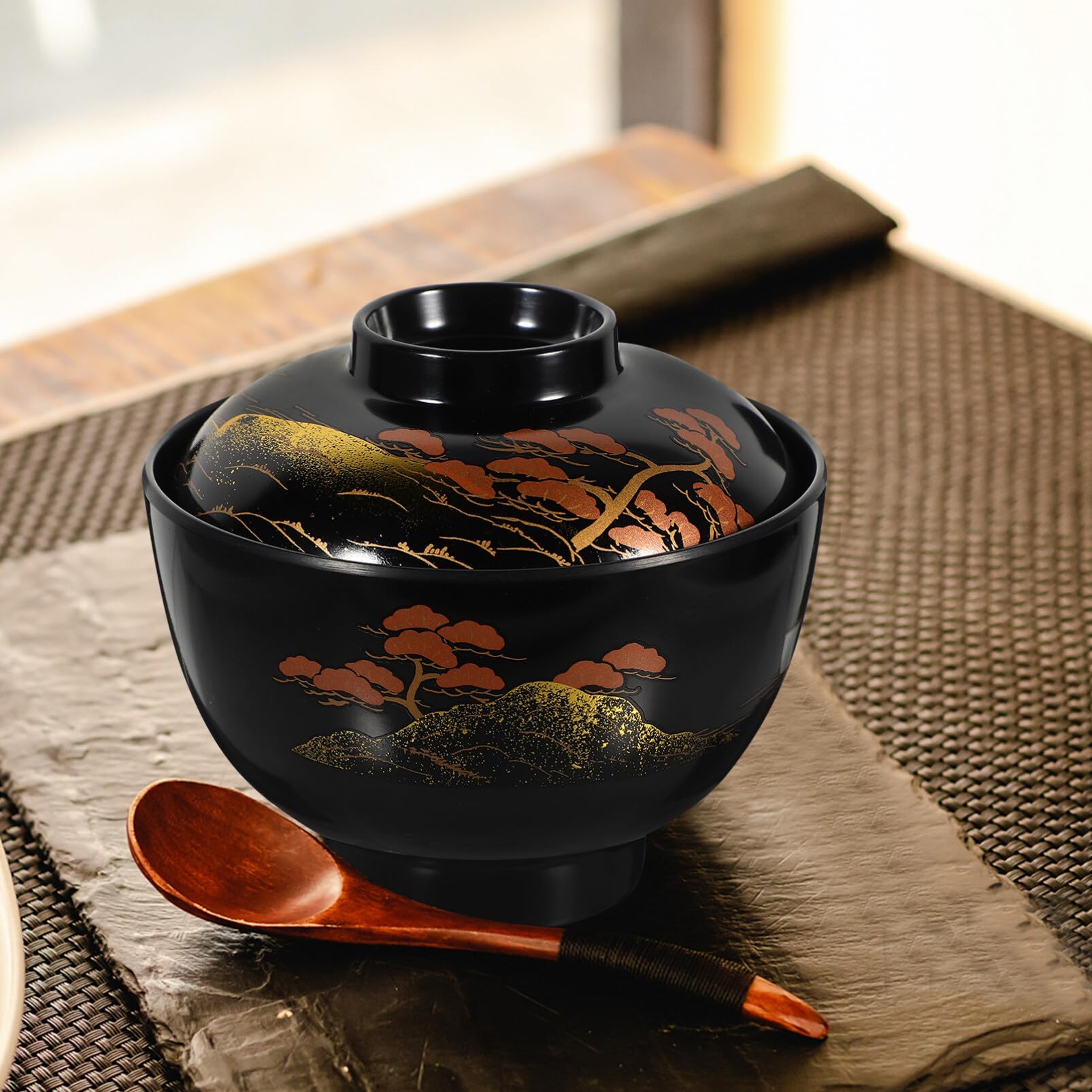 Kichvoe Miso Bol à soupe avec couvercle, bol à riz japonais en mélamine traditionnel, bol à soupe ramen en plastique laqué pour la cuisine, noir