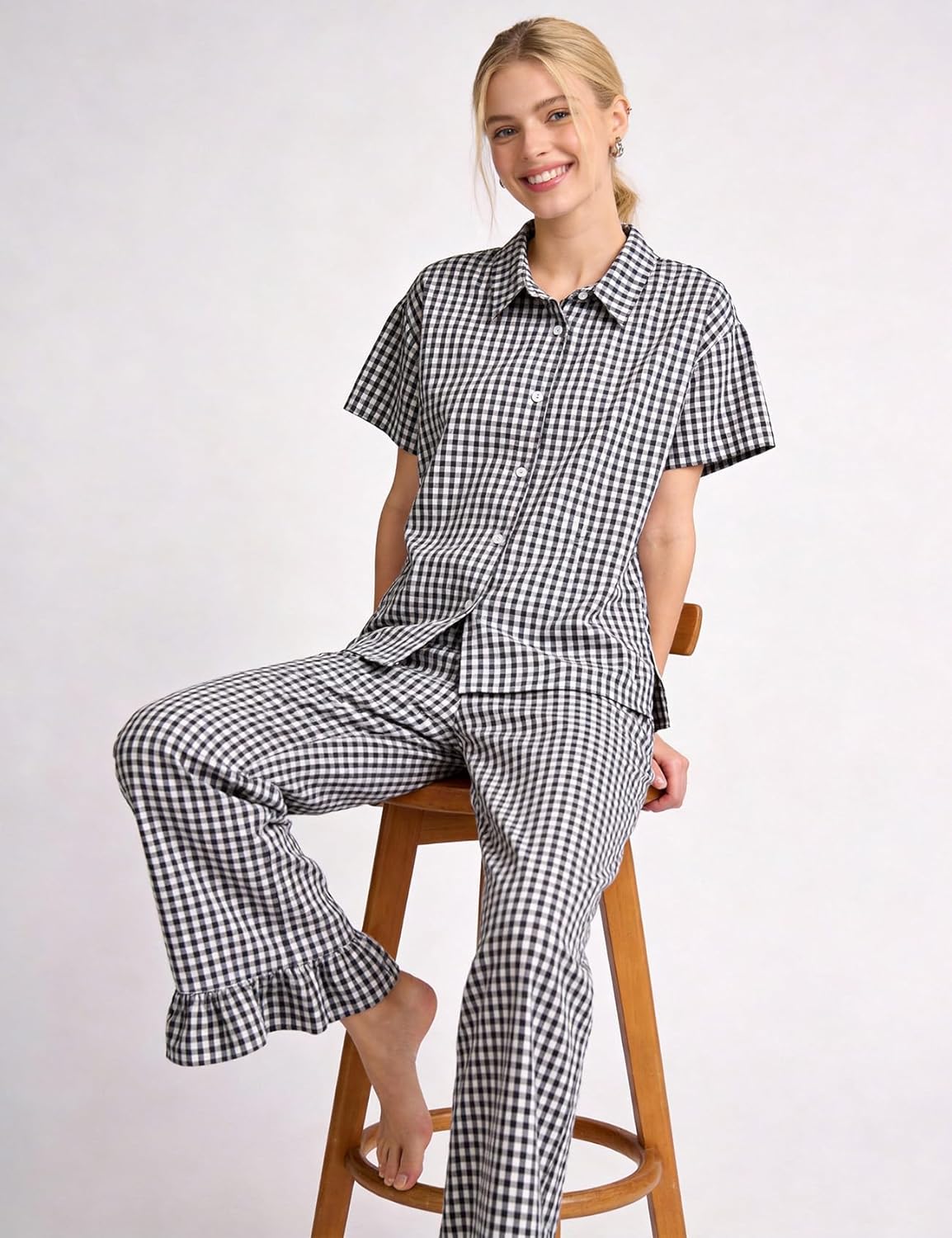 COZYPOIN Womens Gingham 2 Piece Set Plaid Cotton Pajama Sets Short Sleeve Button Shirt and Ruffle Pants Vacation Loungewear - Image 5