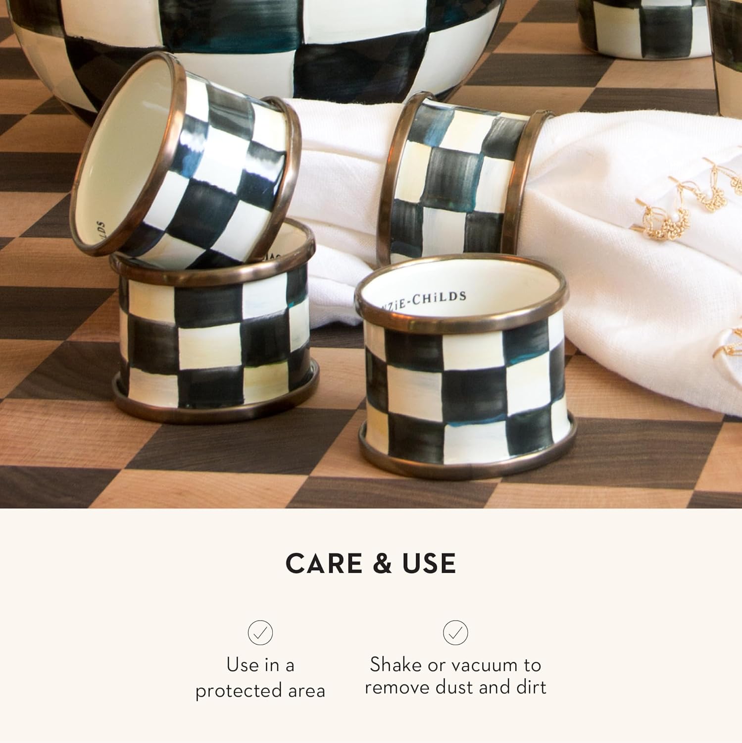 MACKENZIE-CHILDS Courtly Check Enamel Napkin-Ring Set, Black-and-White Napkin-Holder Ring for Cloth Napkins, Set of 4