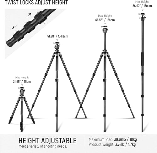Miniatura 3 de NEEWER Trípode de cámara Pro de fibra de carbono de 645 pulgadas con cabezal de bola de perfil bajo de 1102in metal panorámico de 360 trípode de