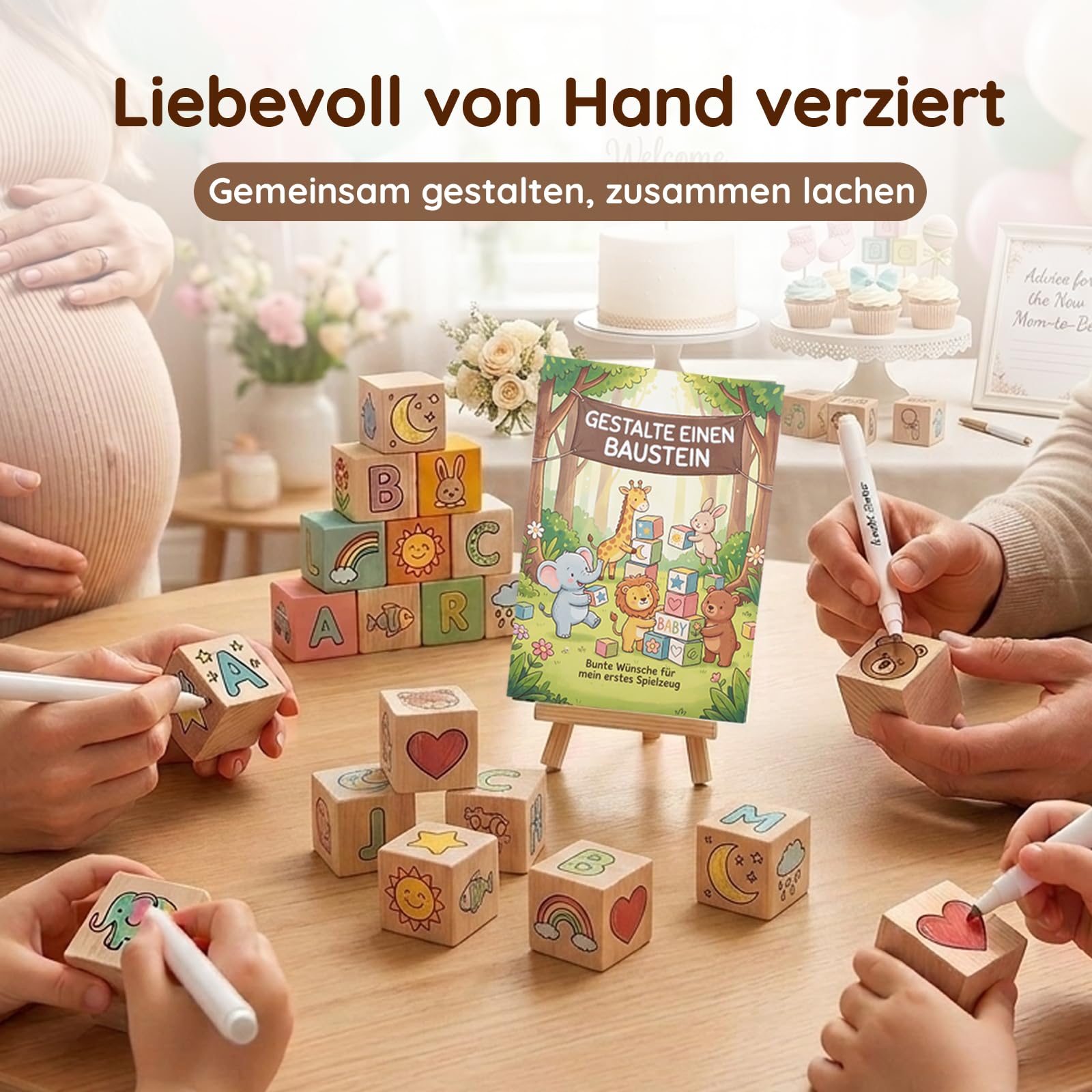 Babyparty Spiele DIY Buchen-Bausteine | 48 Holzbausteine, 24 Acrylmarker, 1 Holzbox, 105 Schablonen, 1 Poster & Halter (Naturholz | verschiedene Sonderformen)