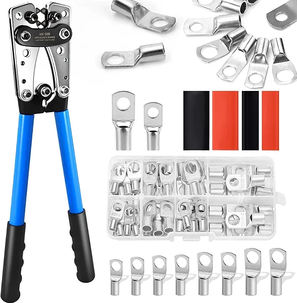 SBGGRL Battery Terminal Crimping Tool for 1/0,2,4,6,8,10 Awg Gauge Heavy Duty Wire Cable Lugs Crimper Electrical Connector,60pcs Tinned Copper Ring Terminals and 100pcs Heat Shrink Tubing