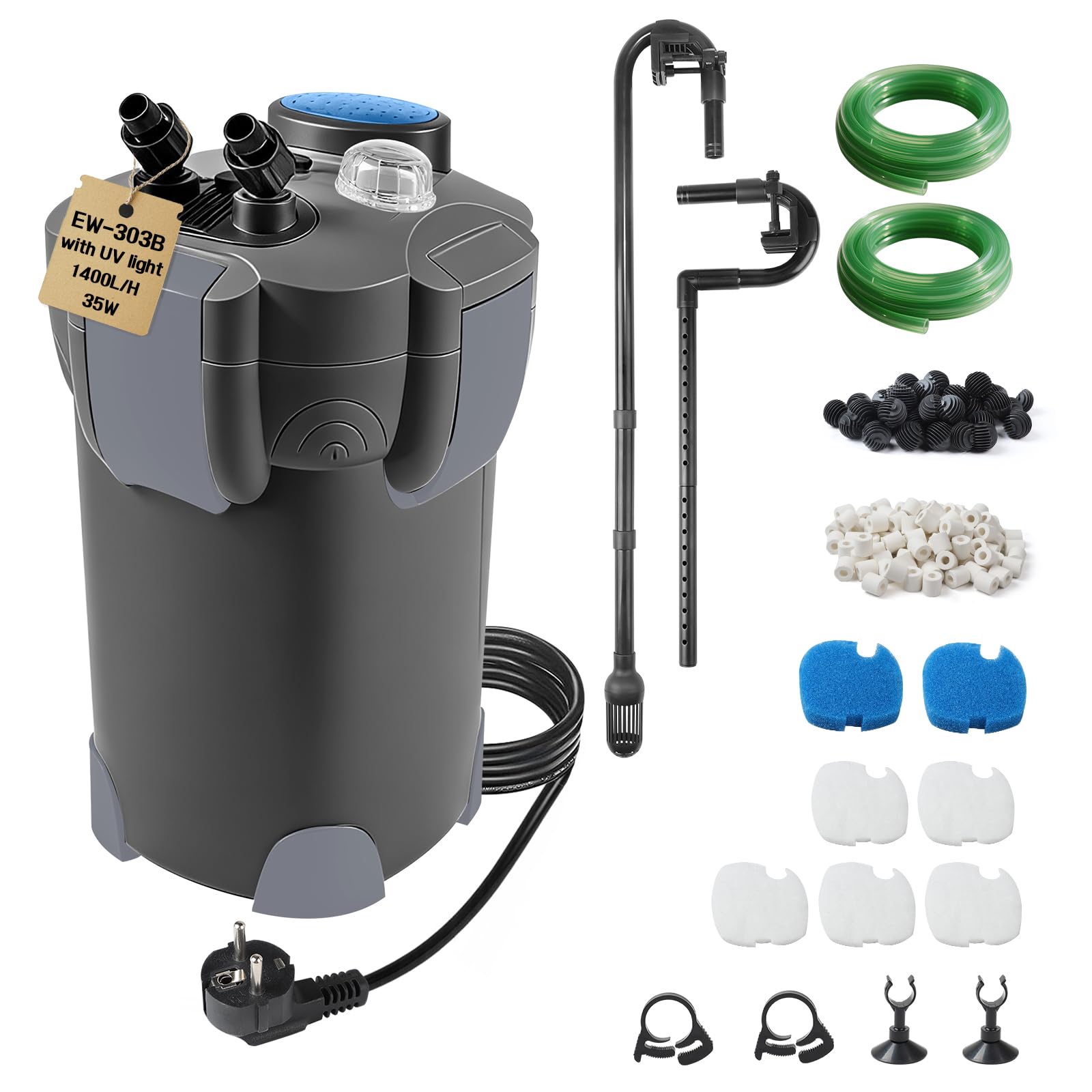 EXLECO Filtro Externo Acuario con Lámpara UVC 1400L/H 35W Filtro Pecera Flujo Ajustable con Material Filtrante y Manguera Acuario Tubo, Bomba de Filtrar Aquário para Pecera de Menos de 300L Negro