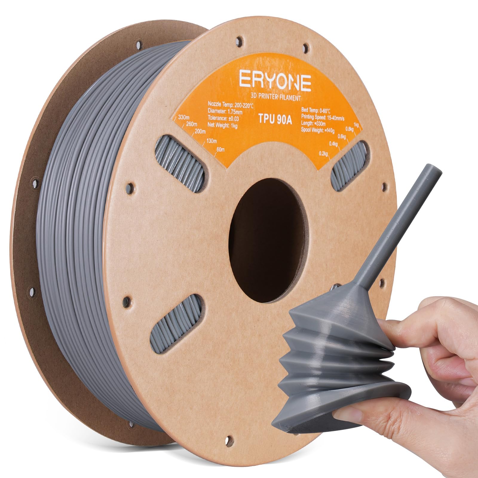 ERYONE TPU Filament 1.75mm +/-0.03mm, Flexible TPU 90A 3D Printer Filament 1kg Spool(2.2 lbs), Print with Most FDM 3D Printers, Grey