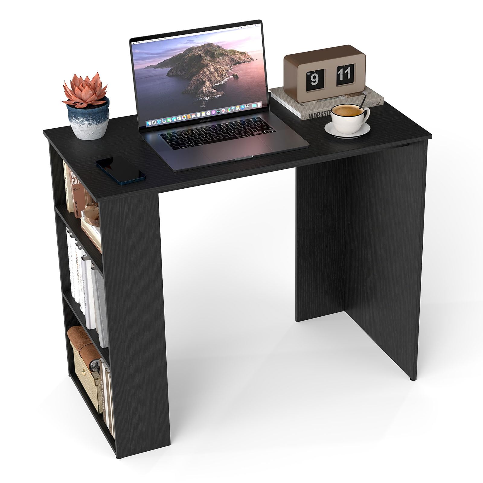 COSTWAY Compact Computer Desk, Small Wooden Study Writing Workstation with Open Compartment, Modern Simple PC Laptop Table Working Desk for Home Office Bedroom (Black, 90 x 45 x 74cm) — image 1