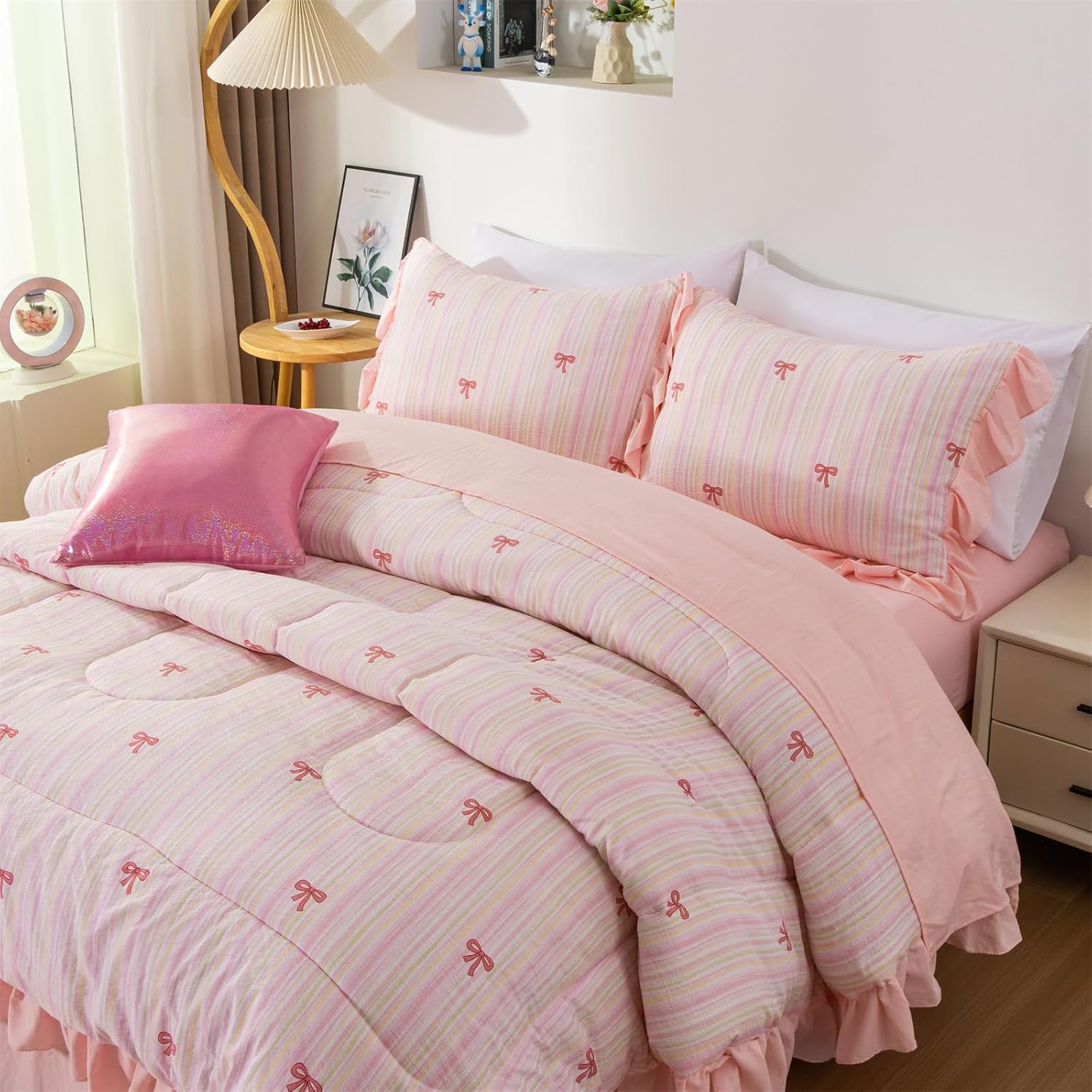 Aimuan Pink Bow Comforter Set 6 Piece, Cute Ribbon Bowknot Bedding Set, Princess Rainbow Comforter and Sheet Set Dreamy Lightweight Soft Bed Set for Girls (Pink Colorful, Twin 6Pcs) - Image 5