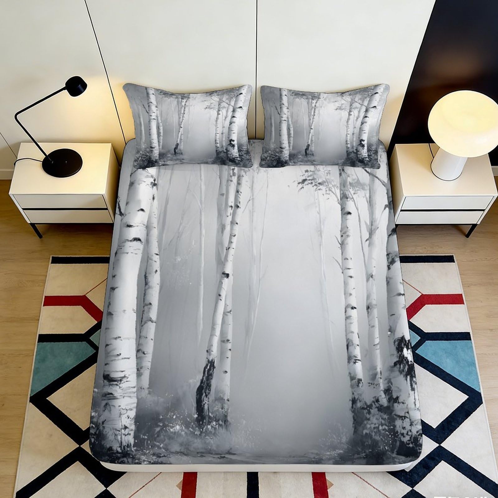 3D Printed Birch Tree Fitted Sheet Microfiber Soft Breathable Foggy Forest Bed Cover for Bedroom Dormitory Guest Room Mattress Protection Decor 120x200x25cm
