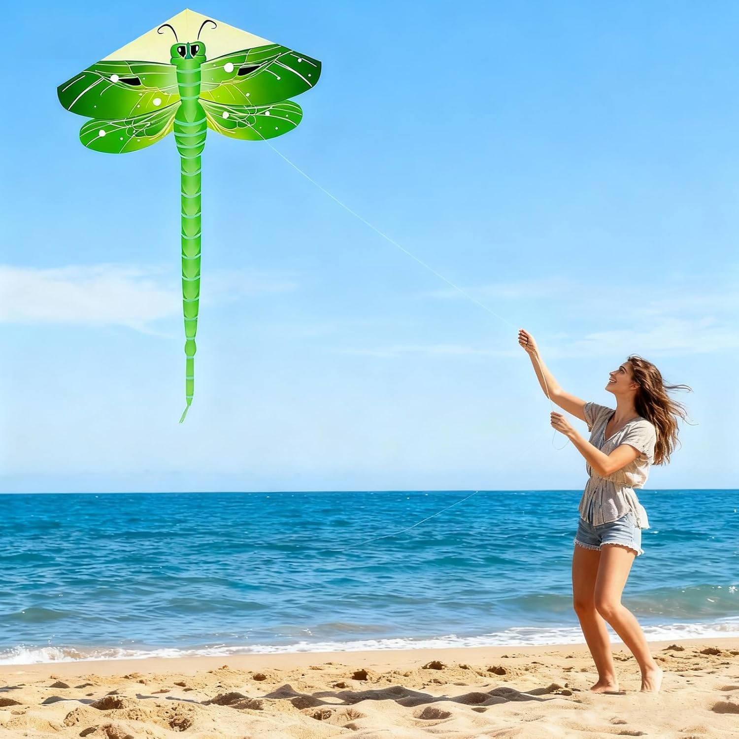 Large Dragonfly Kite, 63x43inch Single Line Colorful Kite with Long Tail Beginner Beach with Winding Handle and 100m Line Outdoor Park Games Activities