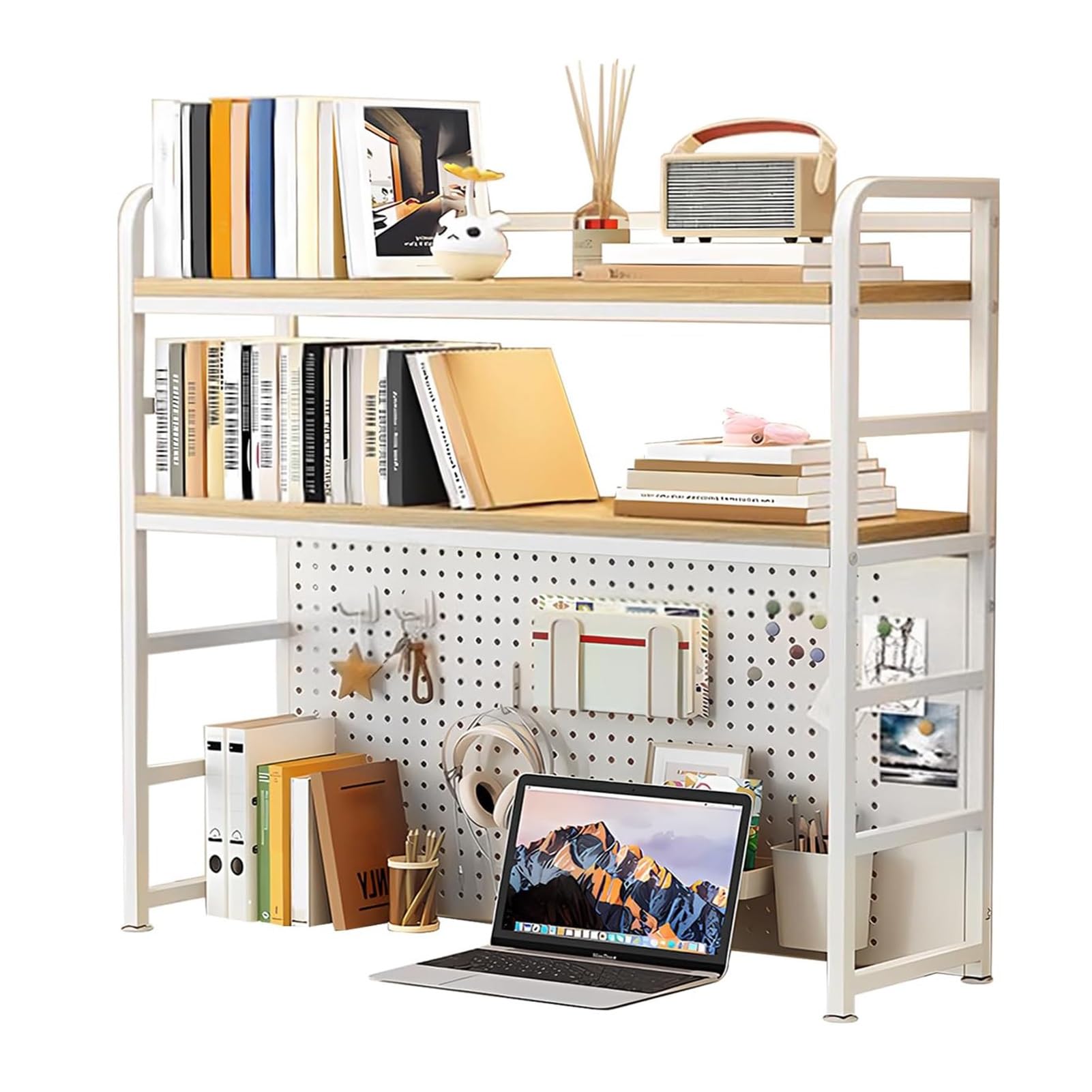 JOUFNING Metal Desktop Bookcase for Computer Desk, 2 Tier MDF Desk Hutch with Pegboard, Countertop Storage Organizer Rack, Bookshelf for Office, Home, Dormitory(110x25x96cm)