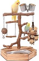 LiMio Natural Grape Wood Bird Playground Perch Stand for Parakeets, Cockatiels, Budgies & Small Birds - Chew Toys & Feeding Cups