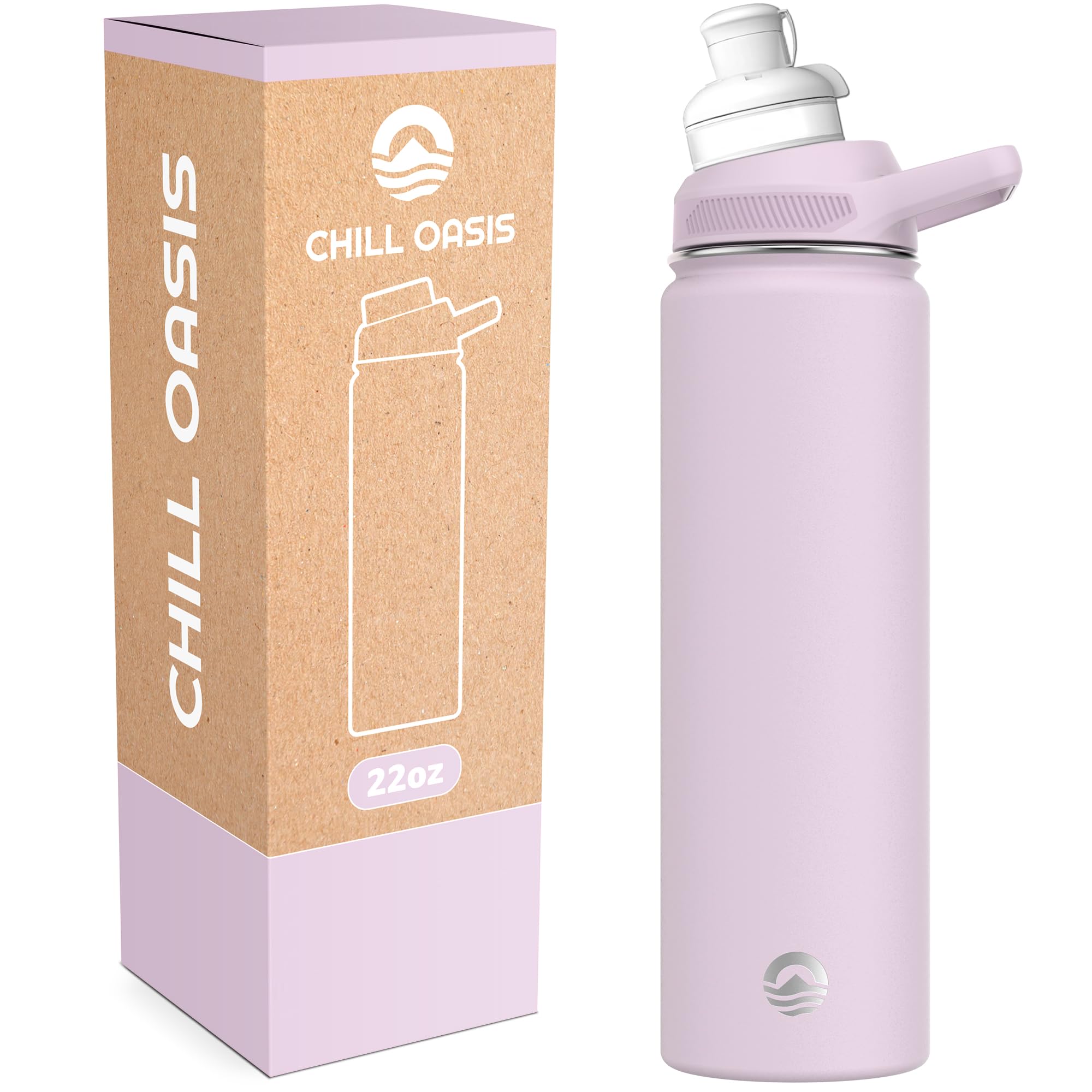 Chill Oasis Water Bottle | Compatible With Popular Flavor Cartridges | BPA Free, Leak Proof, Double-Walled Vacuum Insulated Stainless Steel, and Dishwasher Safe | Cold for 24 Hours (Lavender, 22oz)