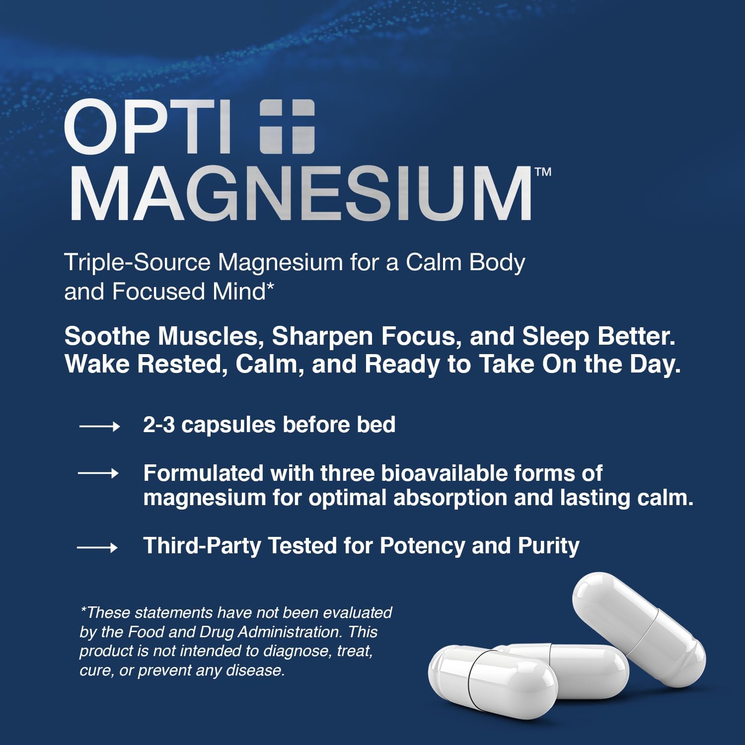 Opti + Triple Magnesium Complex Supplement | Magnesium L-Threonate, Glycinate & Acetyl Taurate Complex Blend | Brain Support for Memory and Focus* | 90 Capsules/30 Servings