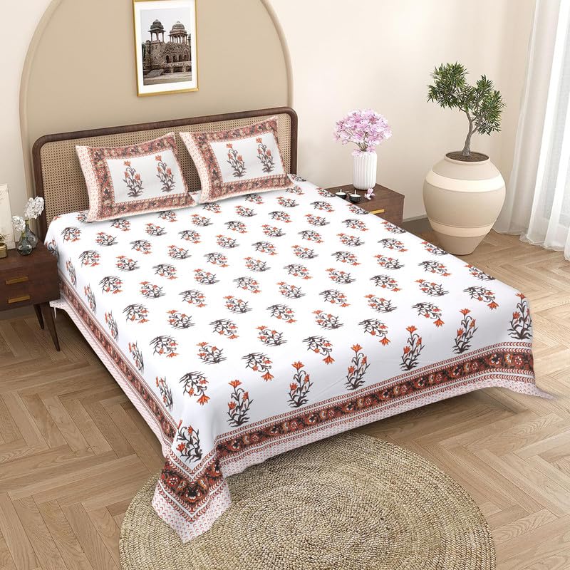Image of 240 TC Pure Cotton Double Bed King Size Bedsheet | Jaipuri Sanganeri Print | Soft & Breathable Fabric | 93 x 108 inch Bedsheet with 2 Pillow Covers (Sanganeri13) Brown