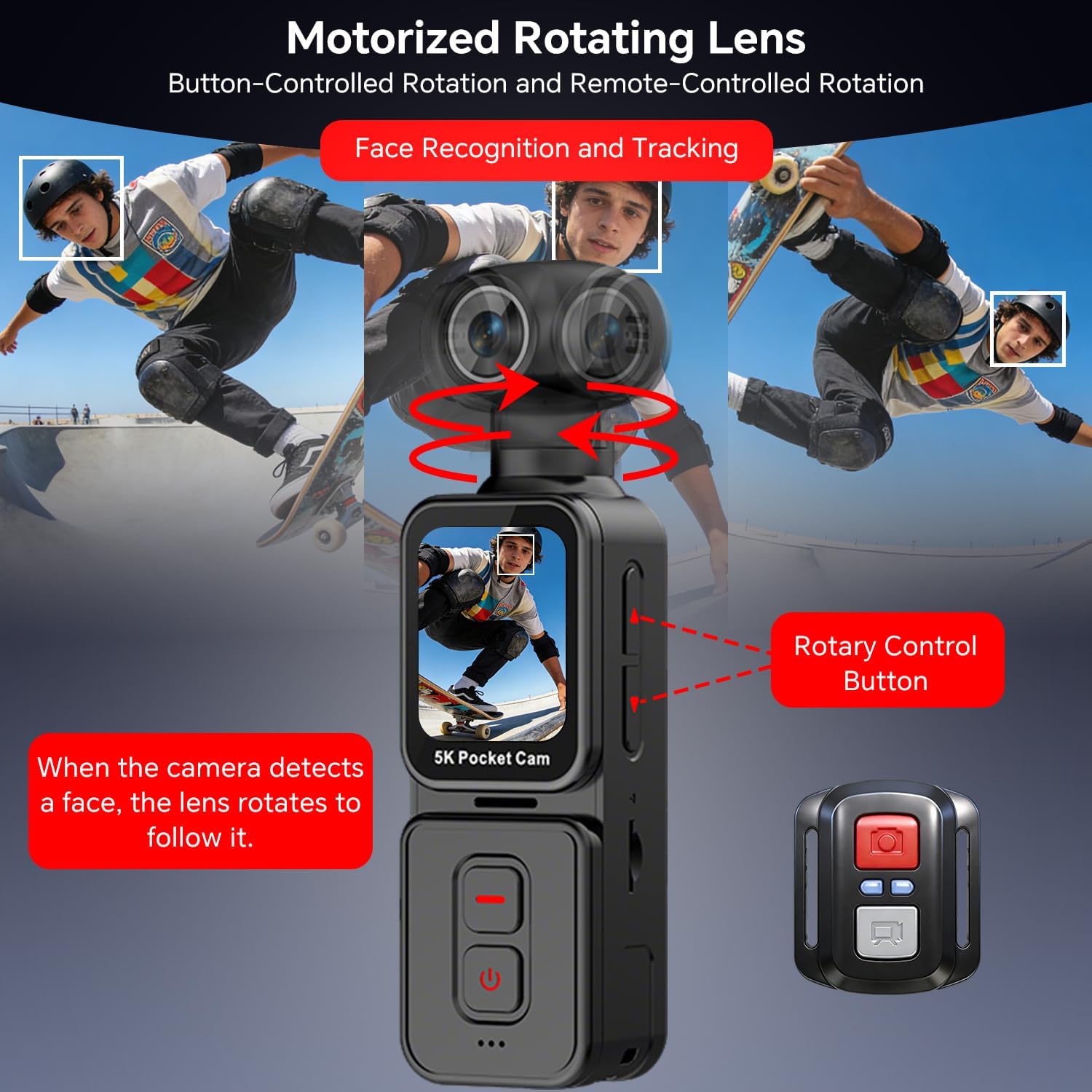5K Body Camera, Action Vlogging POV Cam with Electric Rotating Lens and Face Tracking, Mini Portable Video Camera with Clip and 64GB TF Card