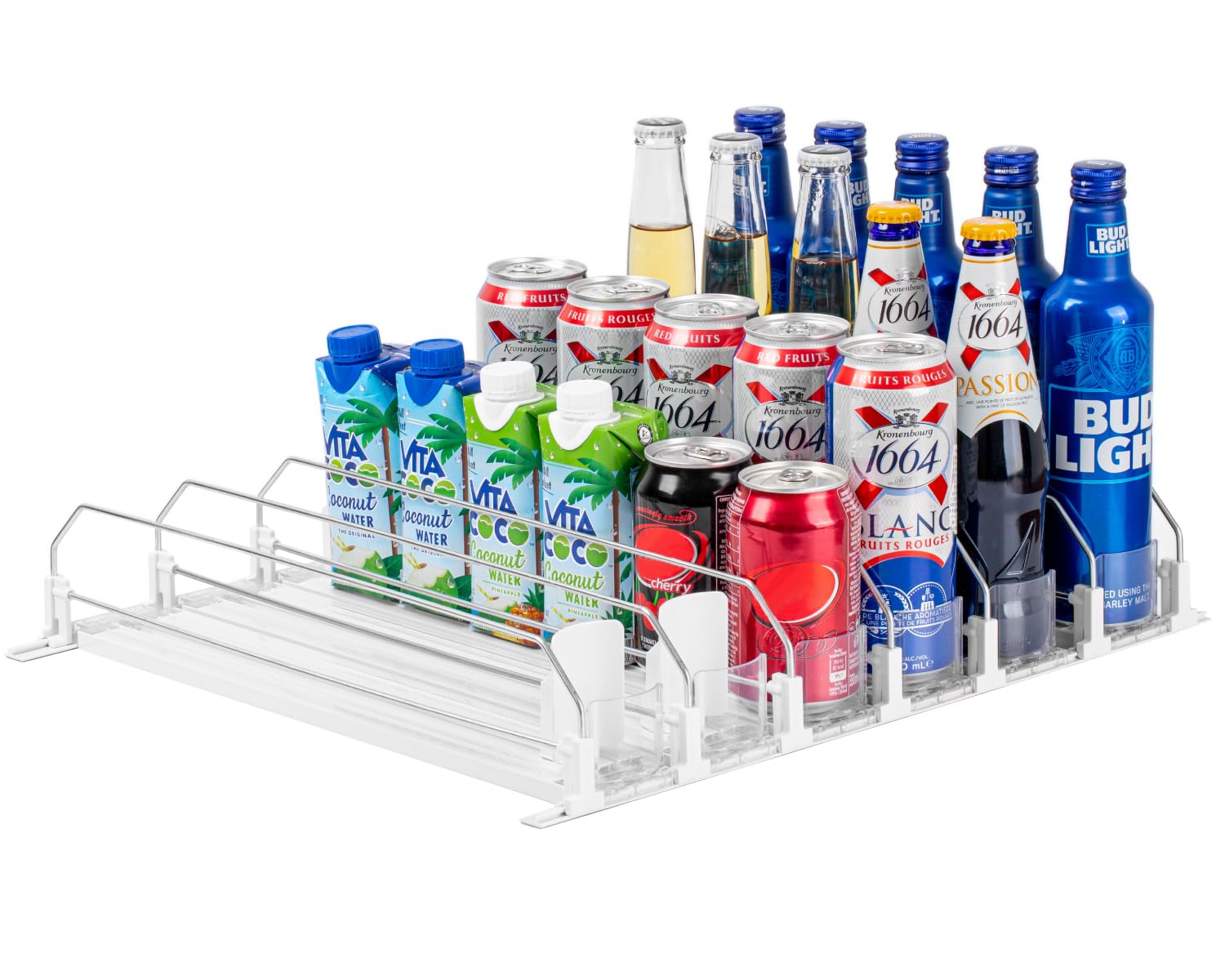 Baraiser Drink Organizer for Fridge, Self-Pushing Soda Can Organizer for Refrigerator, Width Adjustable Pusher Glide, Automatic Drink Dispenser (6 Rows, White)