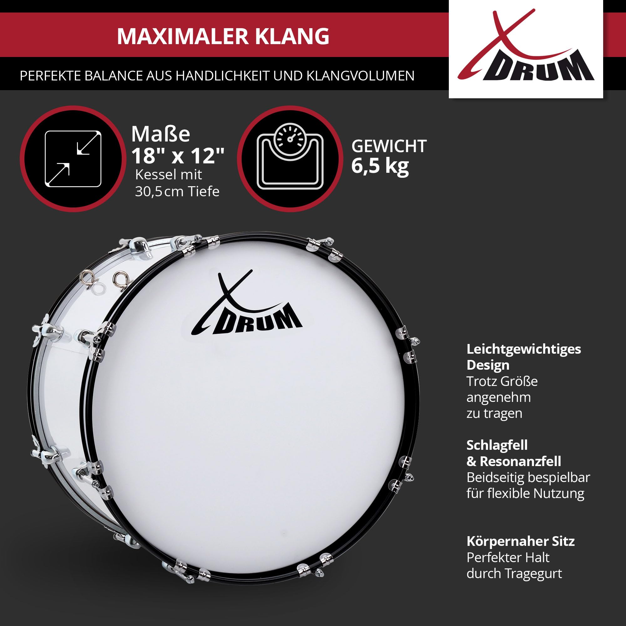 XDrum MBD-218 grancassa da marcia 18"x12" - 6,5 kg - 4 anelli di trasporto - 8 viti di tensione per lato - inclusi mazzuoli, cinghie e chiave di accordatura - bianco