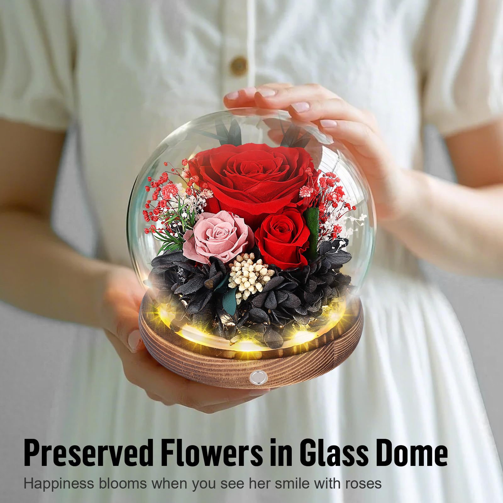 Rosa Stabilizzata Vera con Luci LED, Rosa Eterna La Bella e la Bestia, Regalo per Lei, Donna, Fidanzata, Mamma, Idee Regalo per San Valentino, Compleanno, Anniversario, Festa della Mamma (Rossa)