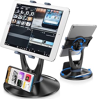 iPad Tablet Stand Holder for Desk - 6 inch to 13 inch - Stable, Adjustable - 360° Swivel Angle Pen Phone iPad Stand for Store, Retail Kiosk, Reception, Home Office, Gift Ideas - Black