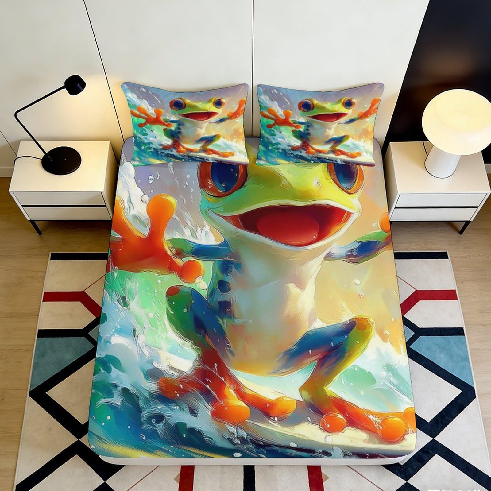 3D Printed Vibrant Cartoon Frog Fitted Sheet Microfiber Soft Breathable Water Splash Bed Cover for Bedroom Dorm Decor 120x200x25cm