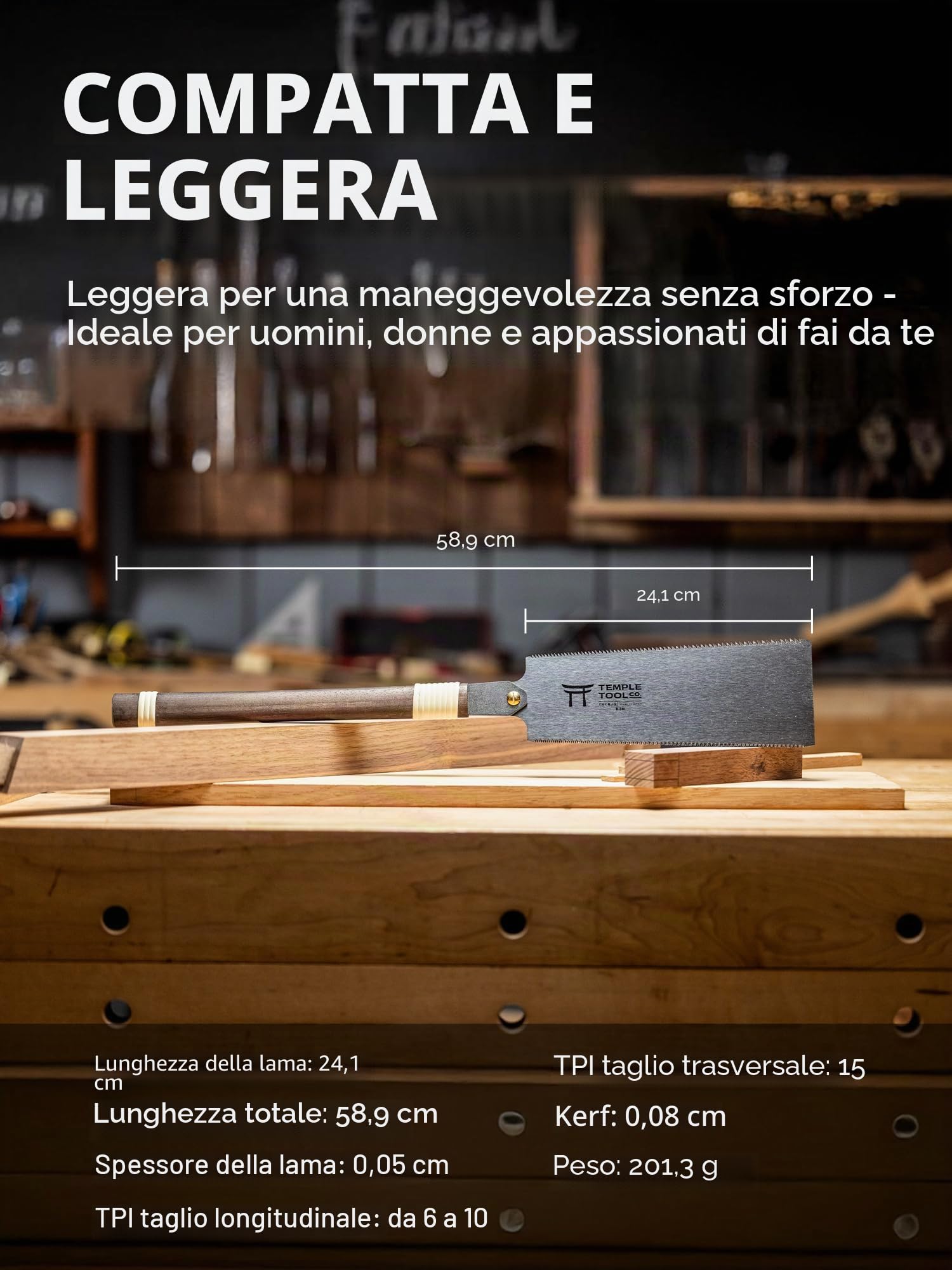 Temple Tool Co. - Sega a mano giapponese Ryoba da 9,5 mm con taglio a strappo e taglio trasversale, sega per legno per coda di rondine, tenoni, falegnameria, taglieri su lunghezza e larghezza