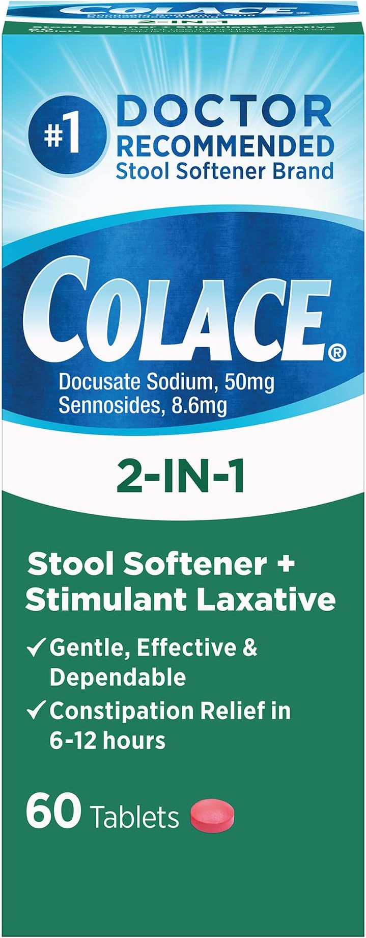 Colace 2-in-1 Stool Softener Plus Stimulant Laxative Tablets, 60 Count (Pack of 1), Gentle Constipation Relief, Docusate Sodium Plus Sennosides