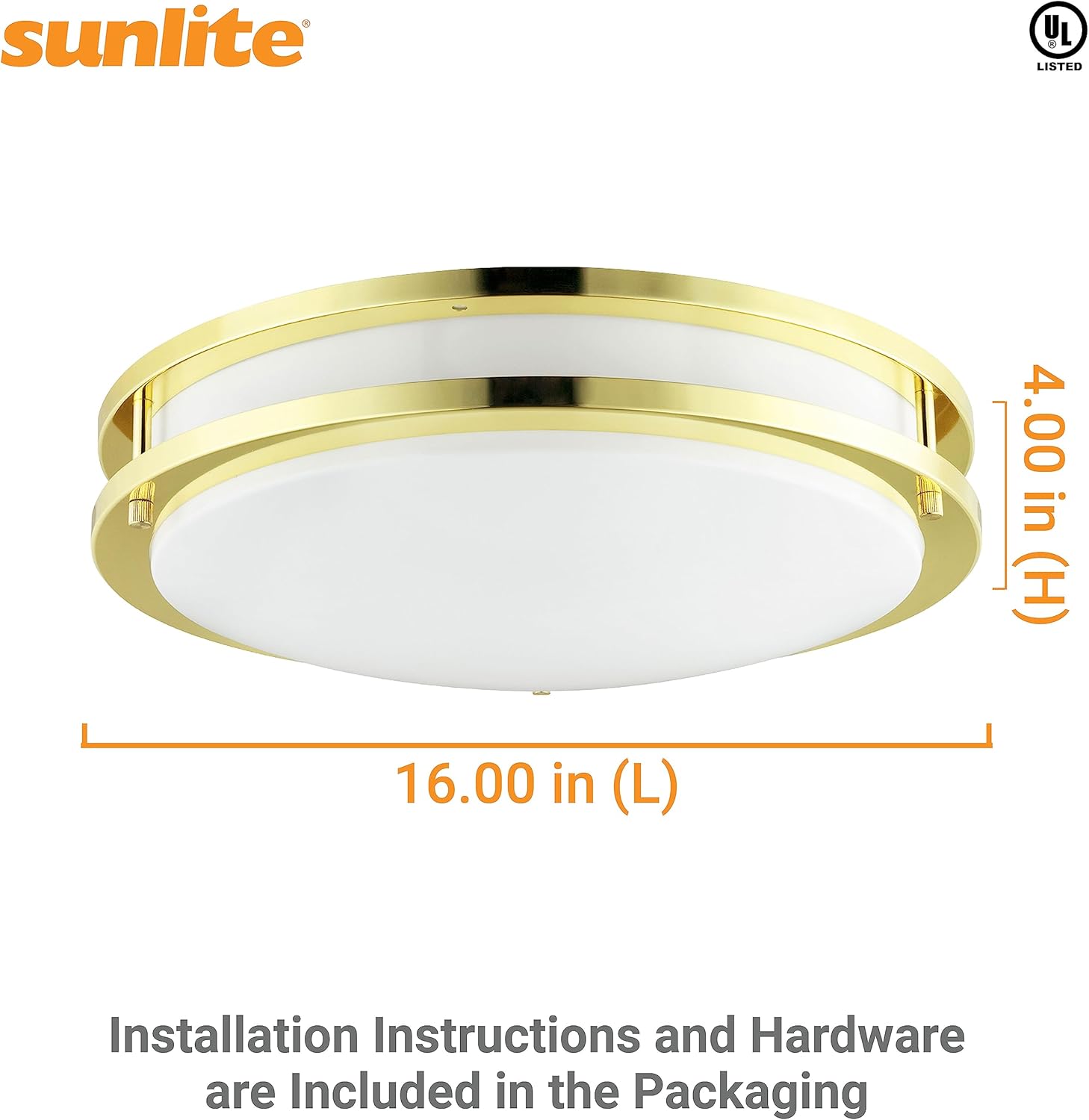 Sunlite 45581 16-Inch Fluorescent Double Band Trim Flush Mount Light Fixture, Max 46 Wattage (Two Bulbs Included), 3200 Lm, 2700K Soft White, Twist & Lock GU24 Base, 120V, UL Listed, Polished Brass
