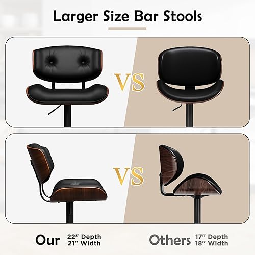 Miniatura 6 de Juego de 2 taburetes de bar modernos, taburetes giratorios ajustables con respaldo, asiento ancho y profundo, taburetes ergonómicos de piel