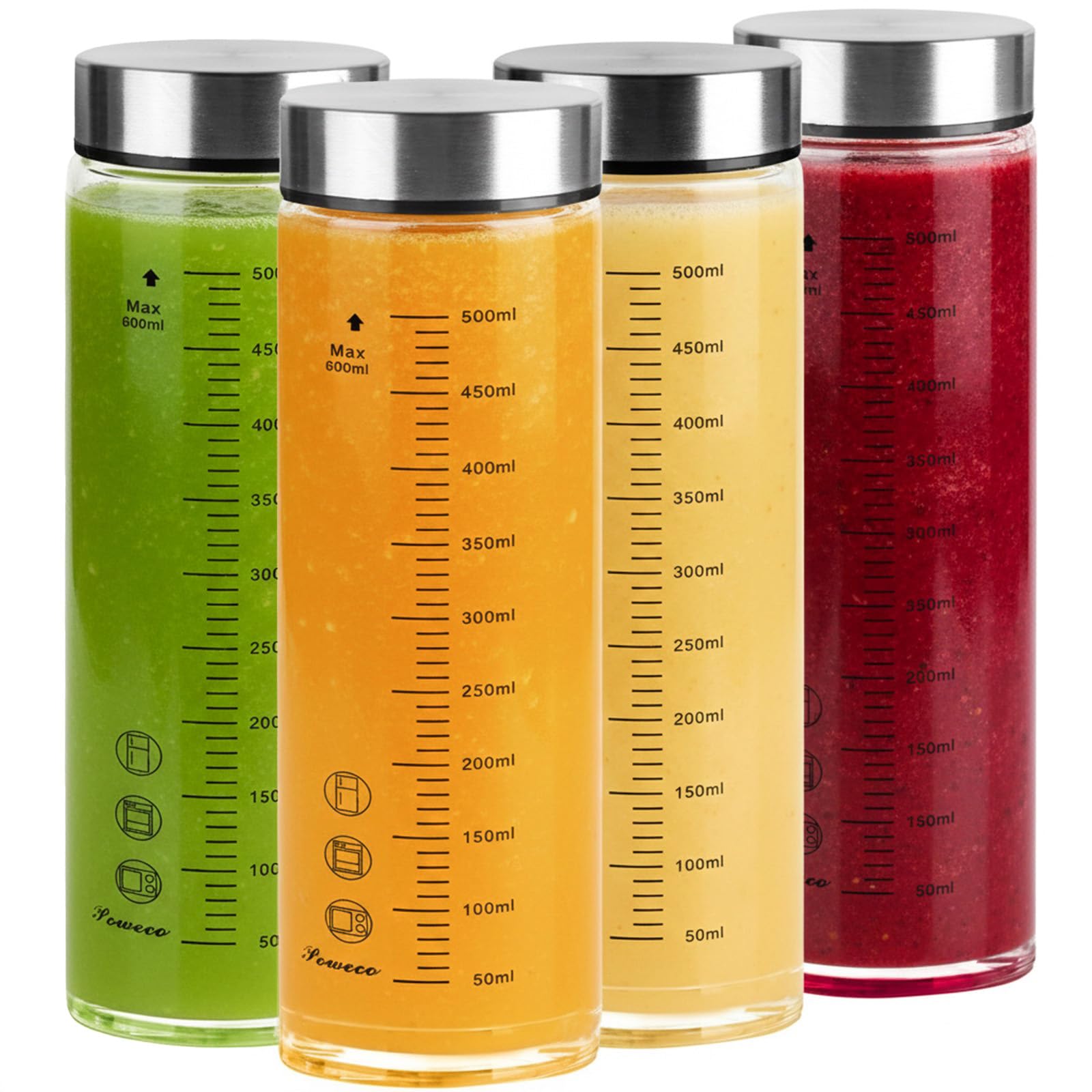 Glass Juice Bottles 4 Pack 20 oz - Wide Mouth Glass Water Bottles with Lids - for Juicing, Protein, Smoothie, Milk, Reusable, BPA Free, Stainless