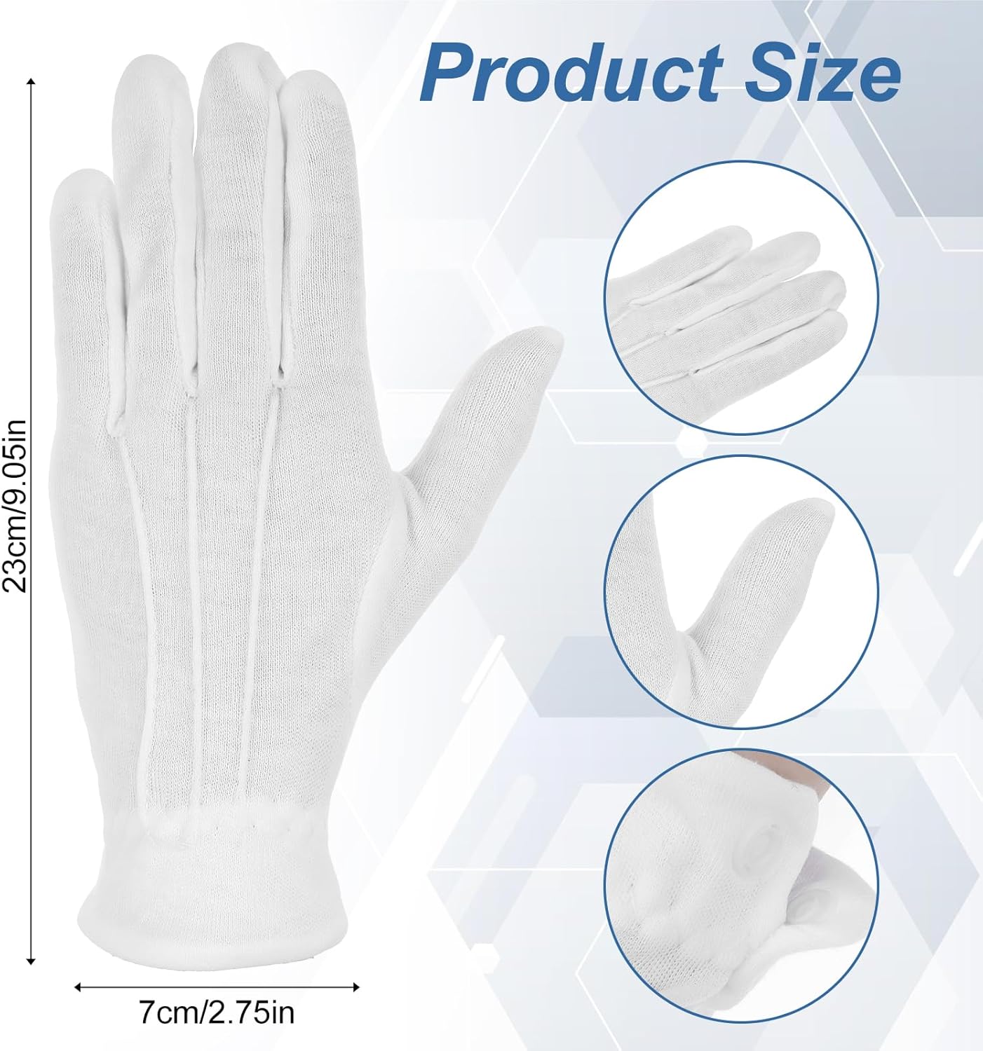 3 Pairs Gloves White,Soft and Adjustable White Gloves Costume with Buttons, for Police Uniforms, Honor Guards, Tuxedos, Coin Jewelry Silverware Inspection - Image 2