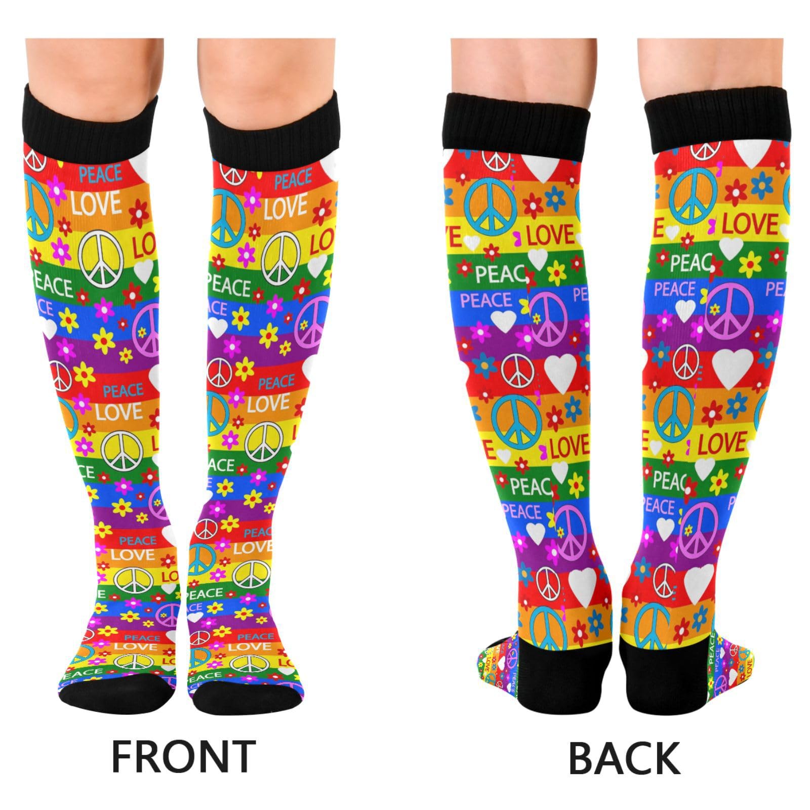 2 Pairs Unisex Compression Crew Knee Soft Circulation Socks High Sock Long Athletic for Running,Travel,Cycling Print Colorful Hippie Peace Signs Flowers Red Hearts Rainbow