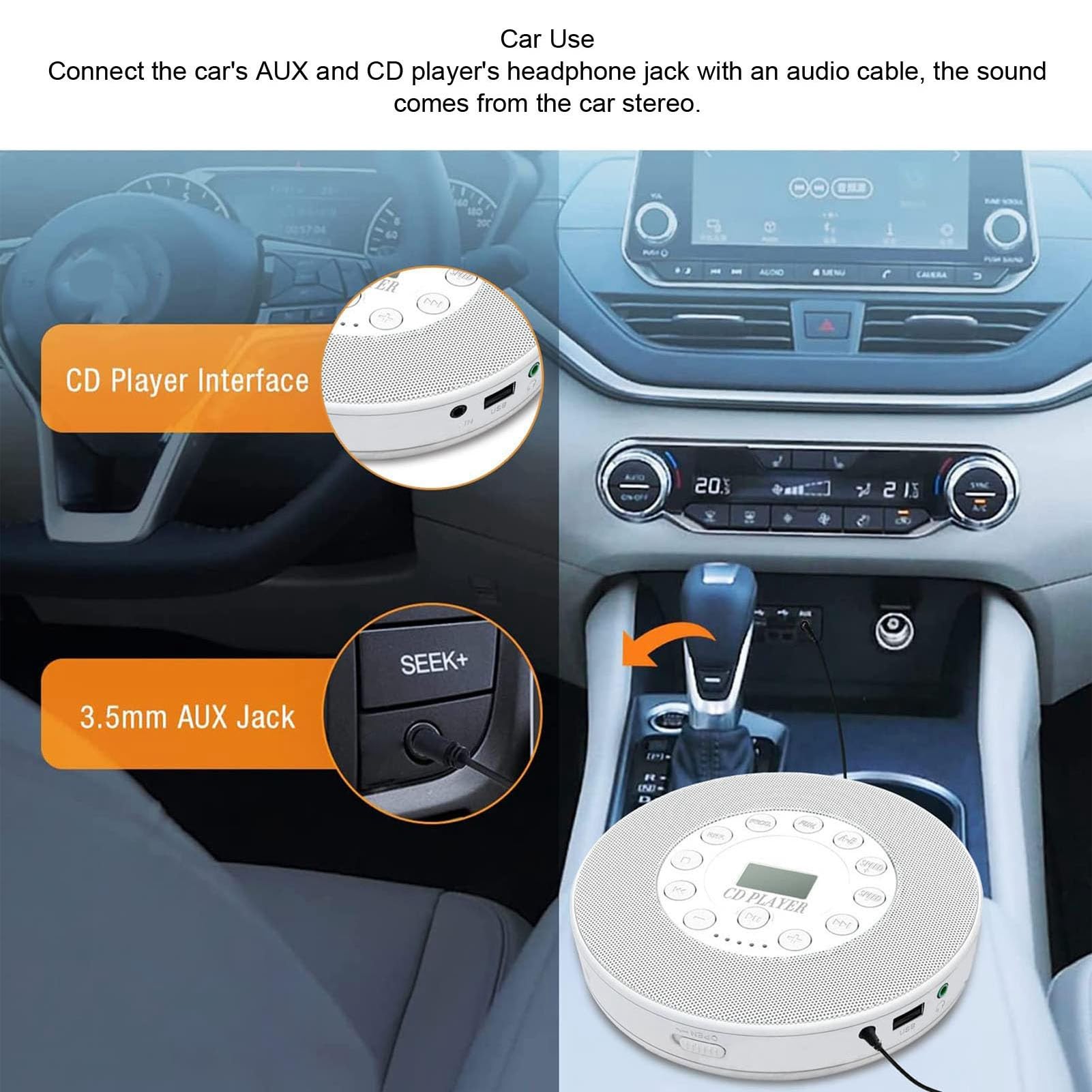 Ejoyous Przenośny Odtwarzacz CD, Odtwarzacz CD Bluetooth z ABS i Wbudowanym Głośnikiem, Akumulator 2000 MAh, Wyjście USB 3,5 Mm, Odtwarzanie MP3 do Słuchania w Samochodzie i w Domu (WHITE)