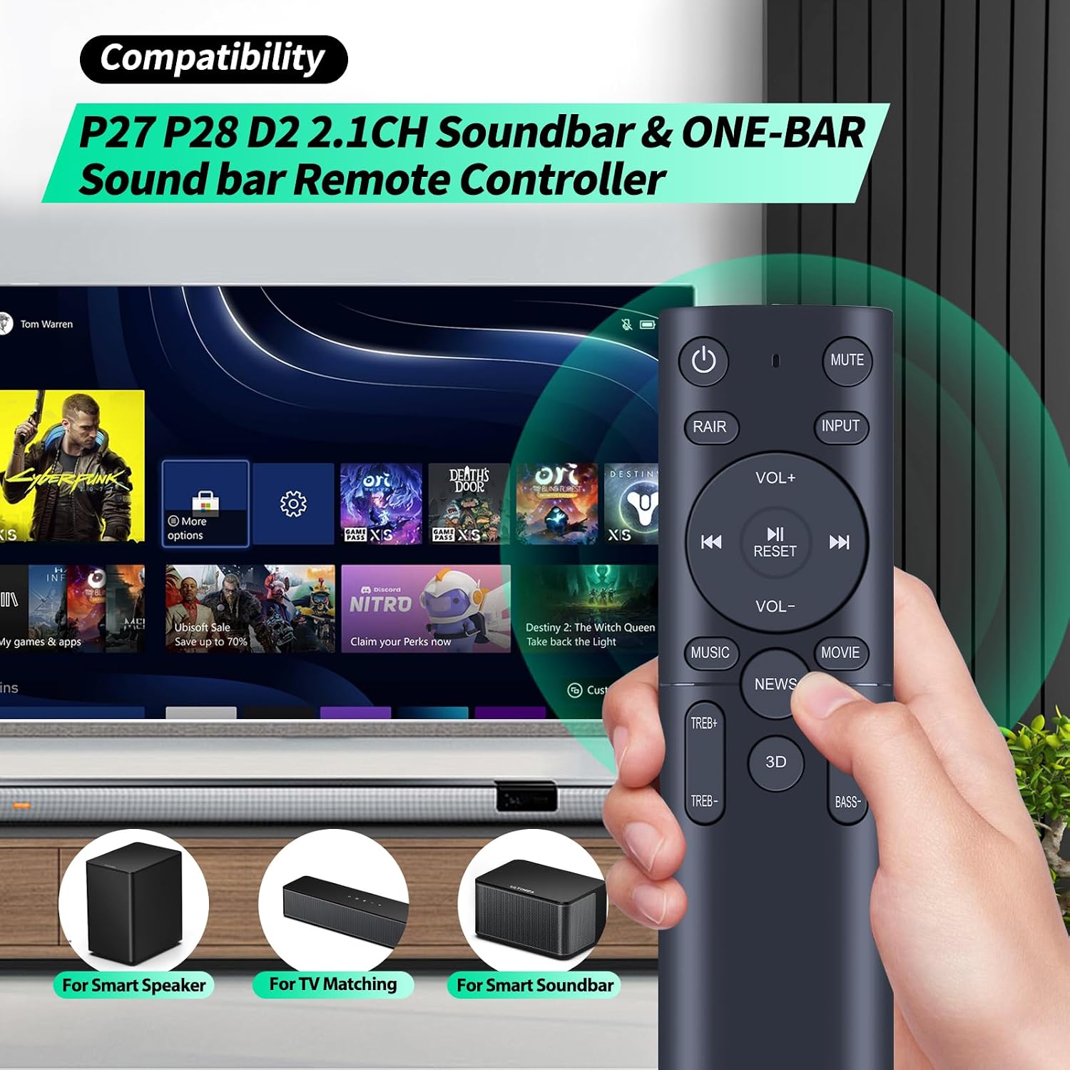 New Soundbar Remote Control for PHEANOO P27 P28 D2 2.1CH Soundbar & Rockville ONE-BAR 400W & Dolby BAR Majority Sierra 2.1.2 Dolby Atmos SIE-BAR-BLK & Maiority Sierra 2.1.2 Dolby Atmos Soundbar image 2