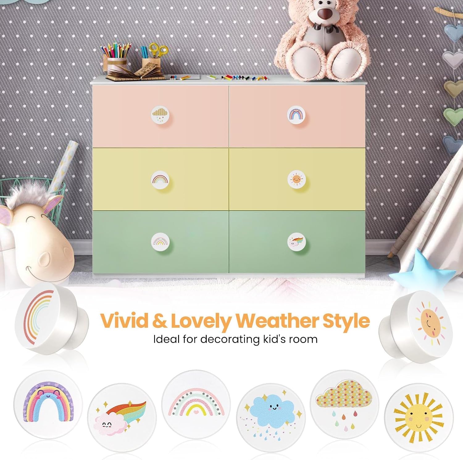 Boho Rainbow Drawer Knob Pulls Round Wood Cabinet Knobs for Boys Girls Kids Dresser Knobs for Nursery Closet Cupboard Wardrobe Rainy Cloudy (8-Pack)