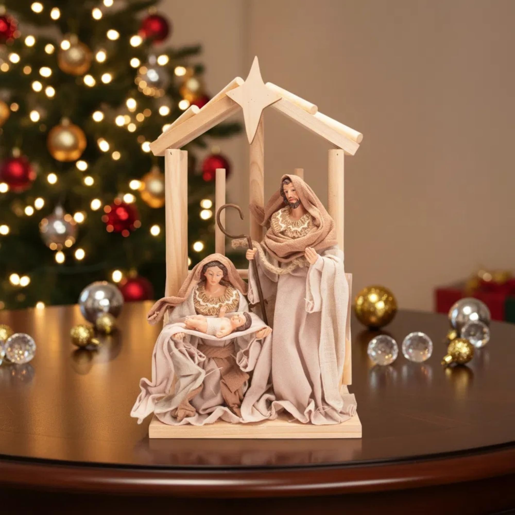 Nazareth Store Statuette traditionnelle en bois d'olivier de Terre Sainte avec étoiles et vêtements en coton