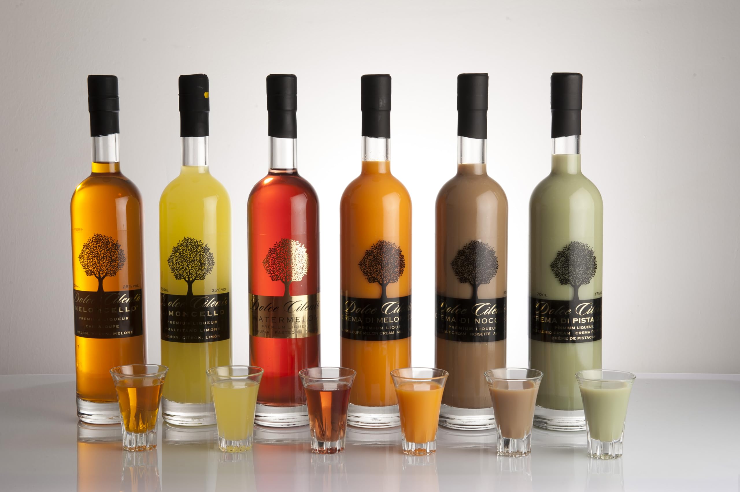 Dolce Cilento Set de Licores Italianos 6x700ml – Meloncello, Limoncello, Watermeloncello, Crema de Meloncello, Crema de Limoncello, Avellana – Licor Premium con Medallas – Regalo Gourmet