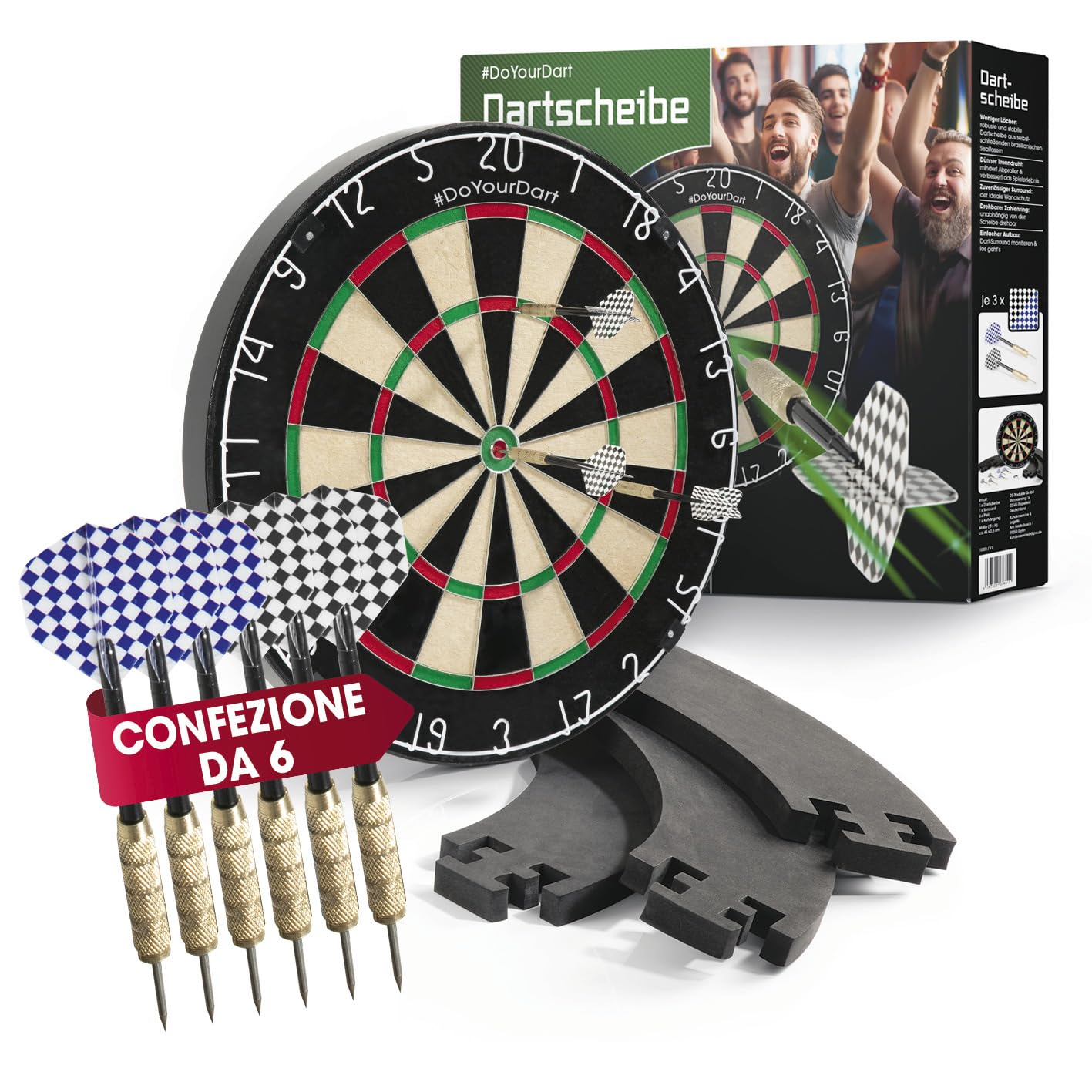 Bersaglio per freccette | Set completo con 6 freccette e illuminazione opzionale | Freccette in acciaio incl. alette | Bersaglio in sisal con anello protettivo | Dartboard standard