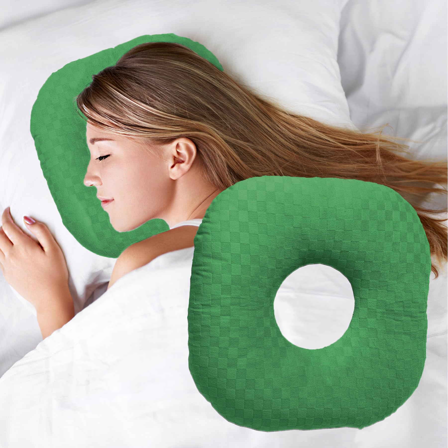 Ear Piercing Pillow for Side Sleepers, Pillow with an Ear Hole for CNH and Ear Pain Ear Inflammation Pressure Sores, O-Shaped Side Sleeping Pillow, Ear Guard Pillow (Emeraldgreen)