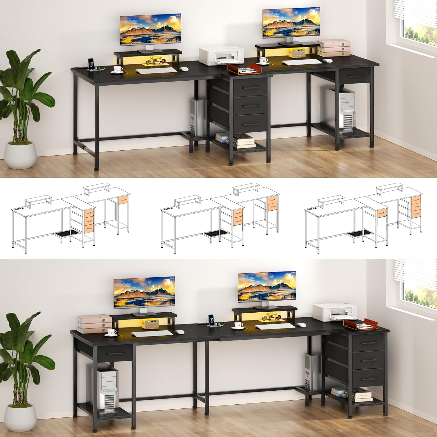Assembly diagram showing the Korfile 93-inch Two Person Office Desk in a straight configuration, highlighting the modular design and various components.