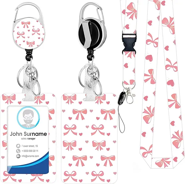 Id Badge Holder with Lanyard, Positive Badge Holder with Reel Retractable Detachable Name Card Tag Vertical ID Protector Badge Reel for Nurse Doctor Office Employees Women (Butterfly Bow)