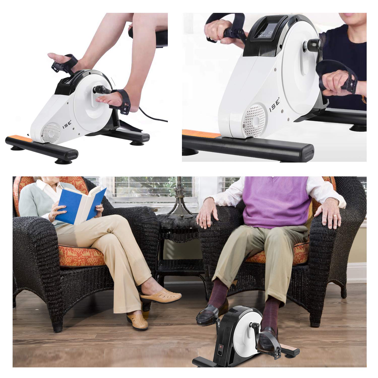 ISE - Mini cyclette con pedaliera pieghevole, resistenza regolabile, schermo LCD con telecomando, dispositivo per lavorare gambe e braccia, fitness cardio, sport, SY-8117