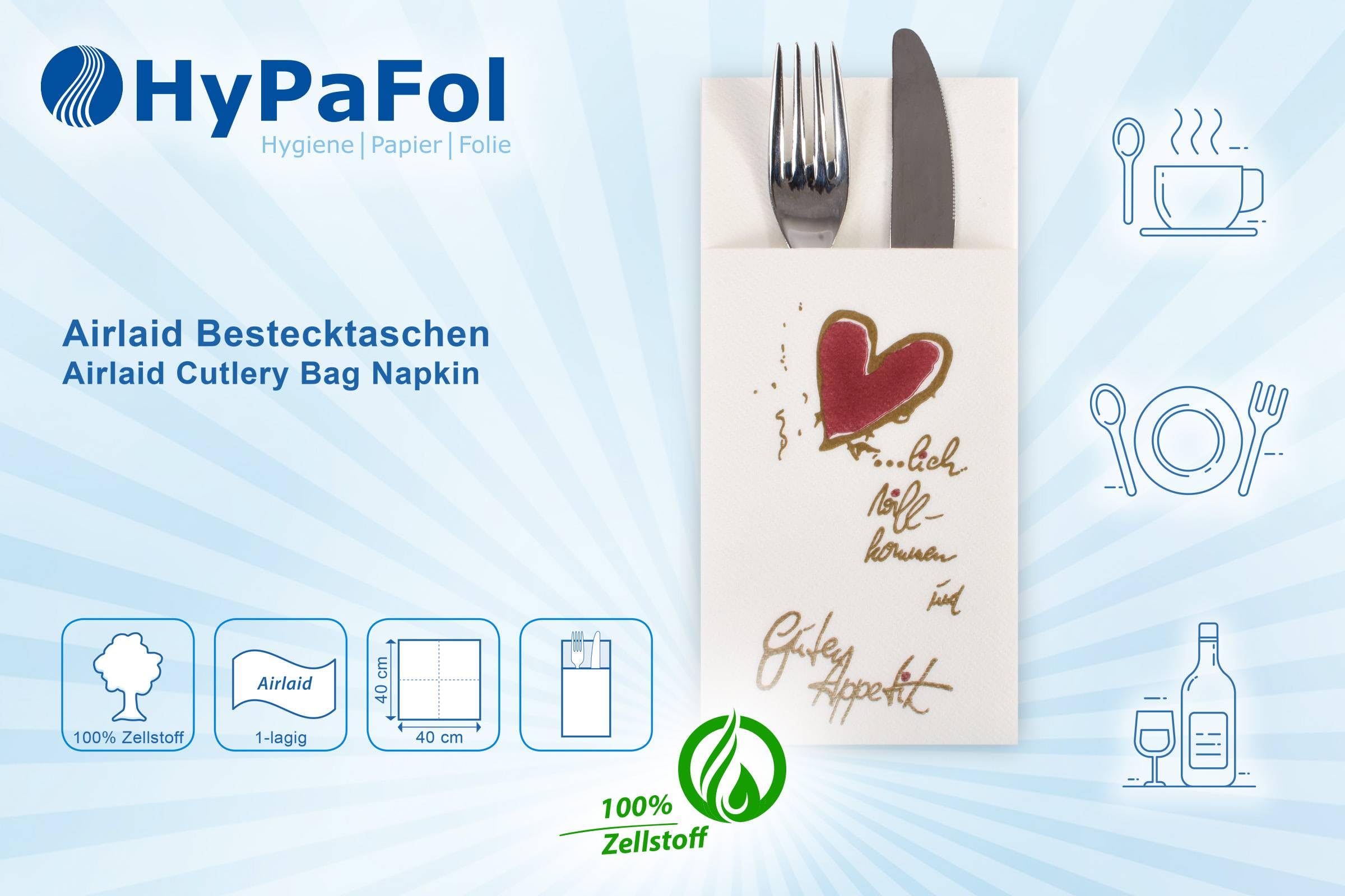 1000x Hypafol „Herzlich Willkommen“ Bestecktaschen | Airlaid Bestecktasche in 40x40cm | fertig gefaltete Serviette mit Schlitz | 1/8 Falz | Stoffähnliche Serviette mit Motiv (1000)