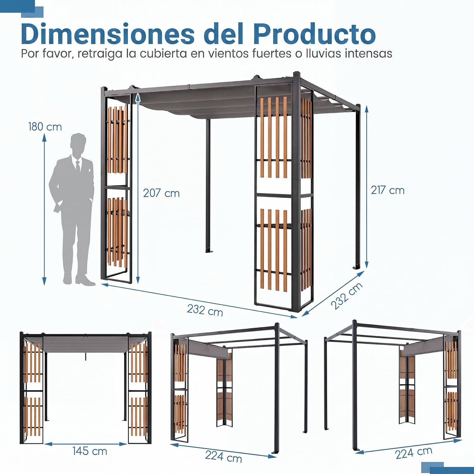 COSTWAY Cenador Autoportante 2,32x2,32 con Techo Retráctil, 4 Pantallas (2)