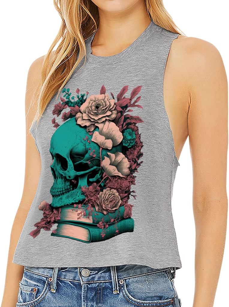 Skull Racerback Cropped Tank - Gothic Women's Tank - Illustration Tank Top - Athletic Heather, L