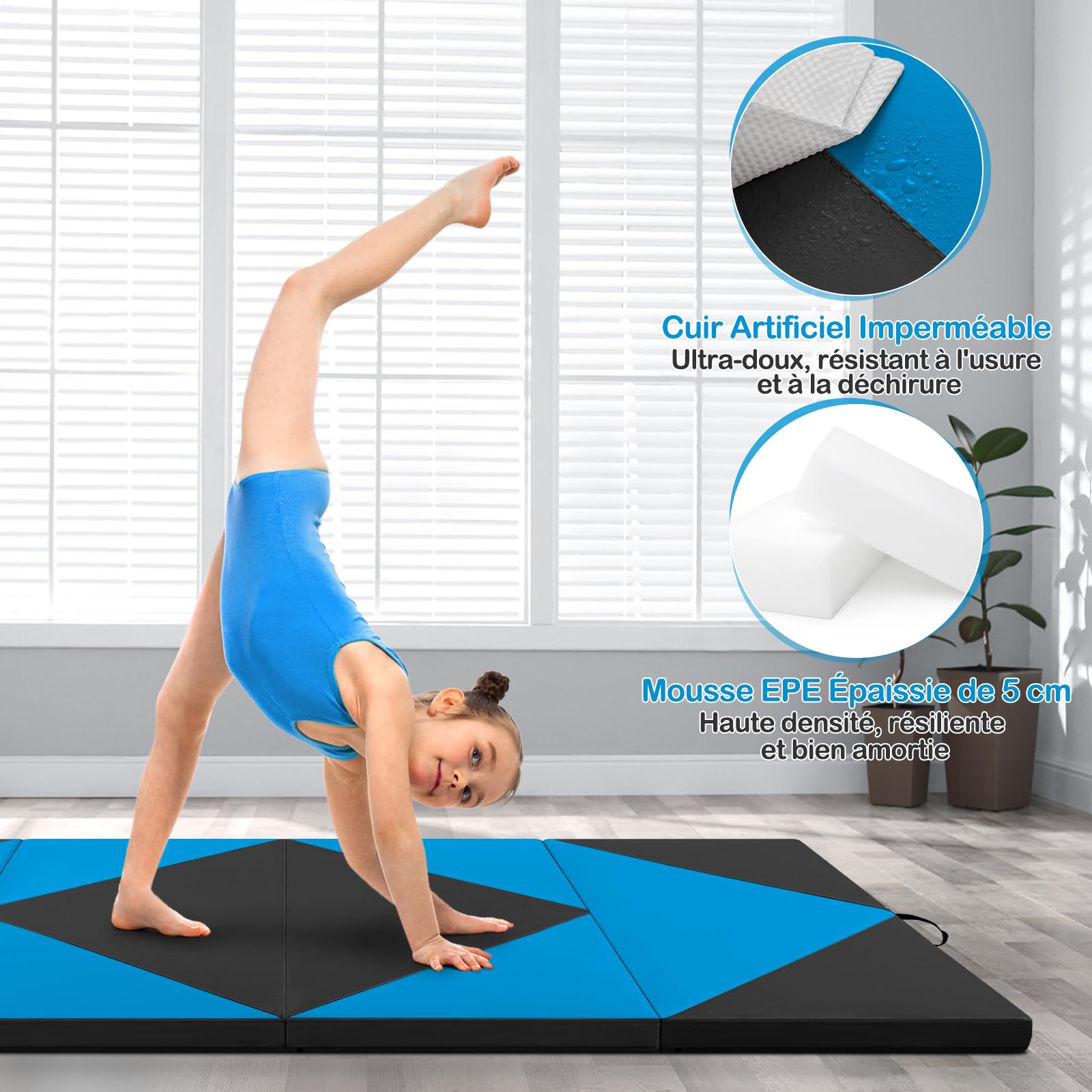 GOPLUS Tapis de Gym Pliable, 240x117x5CM, 4 Plis & Poignée Latérales pour Transport, Tapis Gymnastique en Cuir Imperméable, Attaches Auto-agrippantes pour Gym, Yoga, Fitness